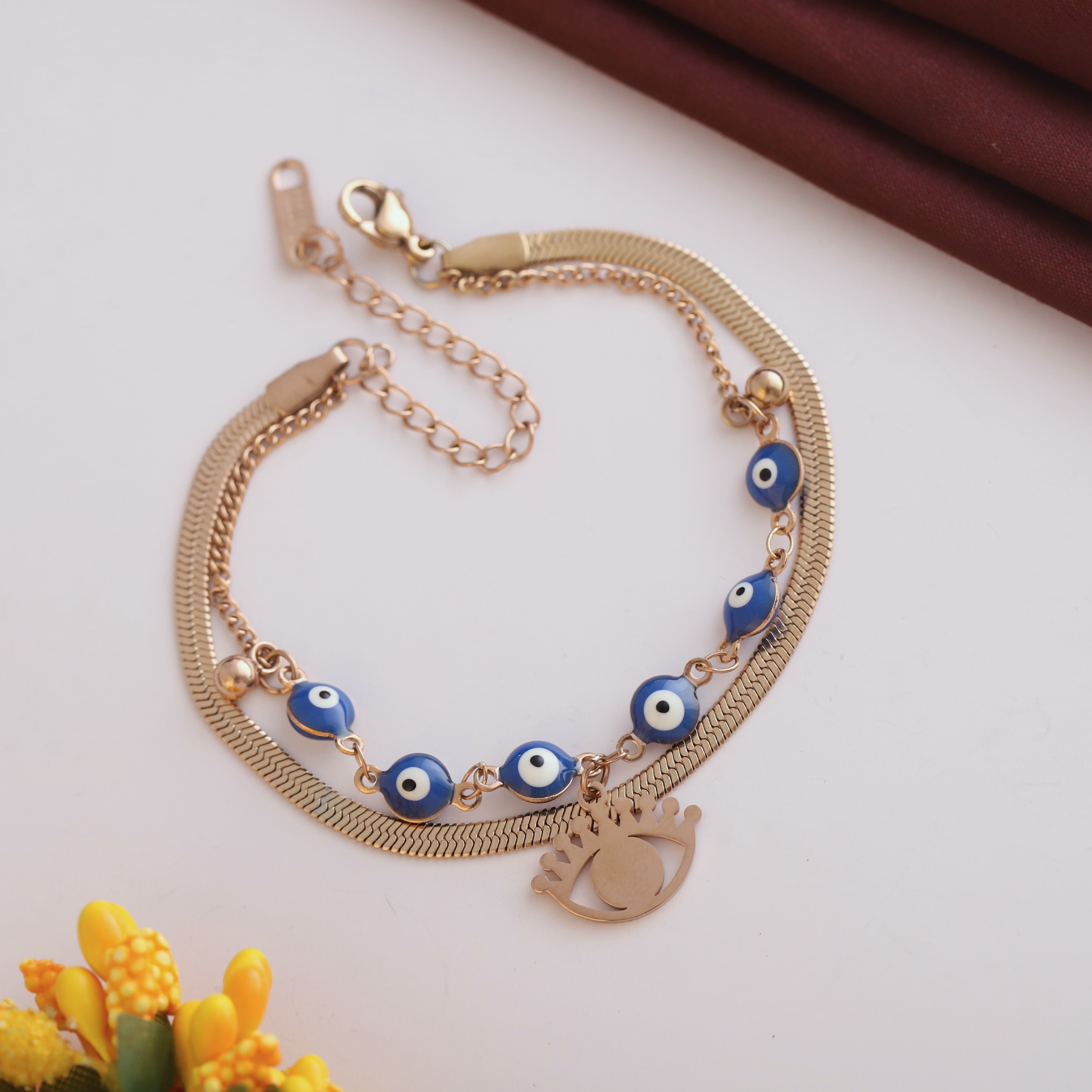 Evil Eye Charm Chain Bracelet Gold Plated – Double Layer, Anti-Tarnish, Waterproof(ROSE GOLD)