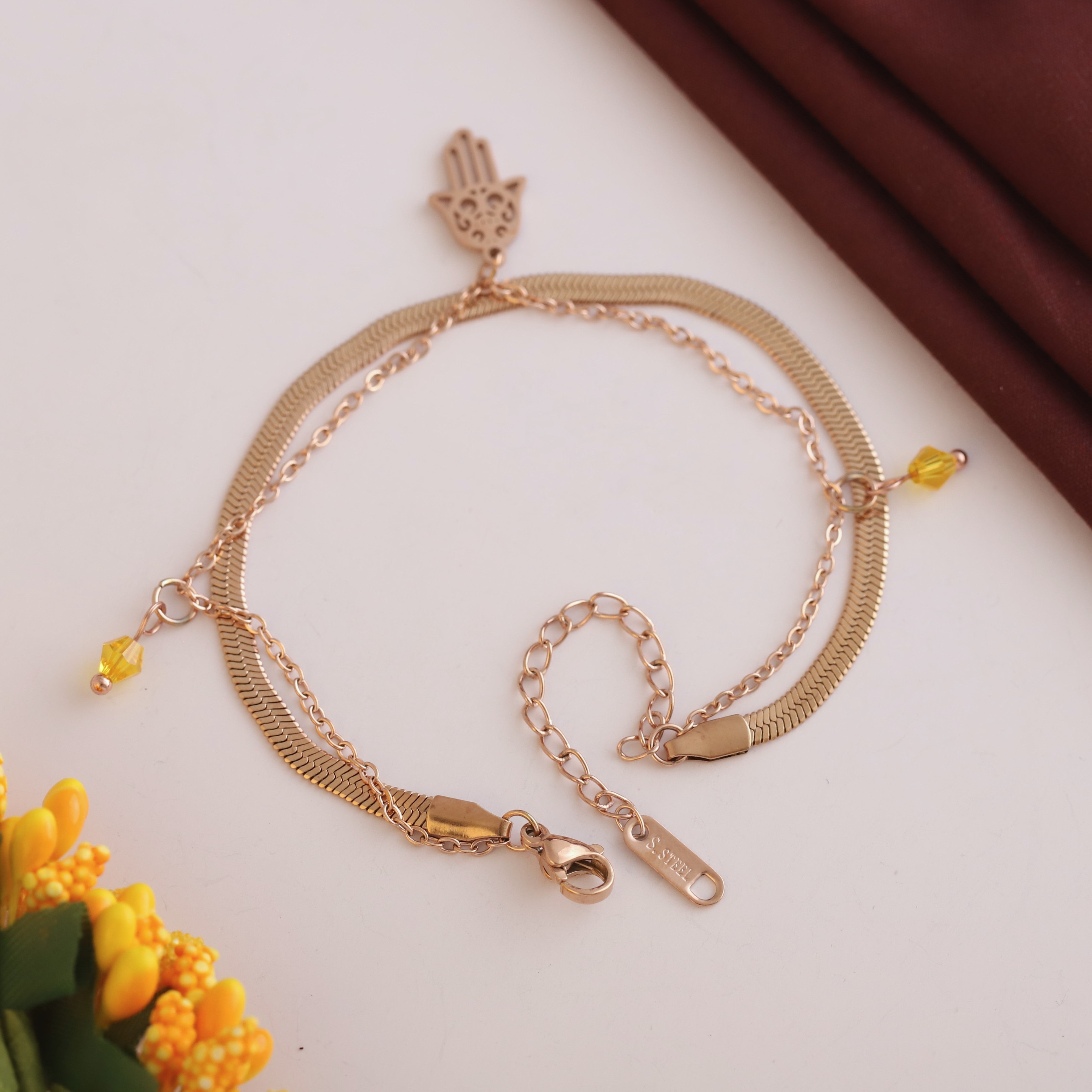 Hamsa Chain Bracelet Gold Plated – Double Layer, Anti-Tarnish, Waterproof, Minimalist Style (ROSE GOLD)