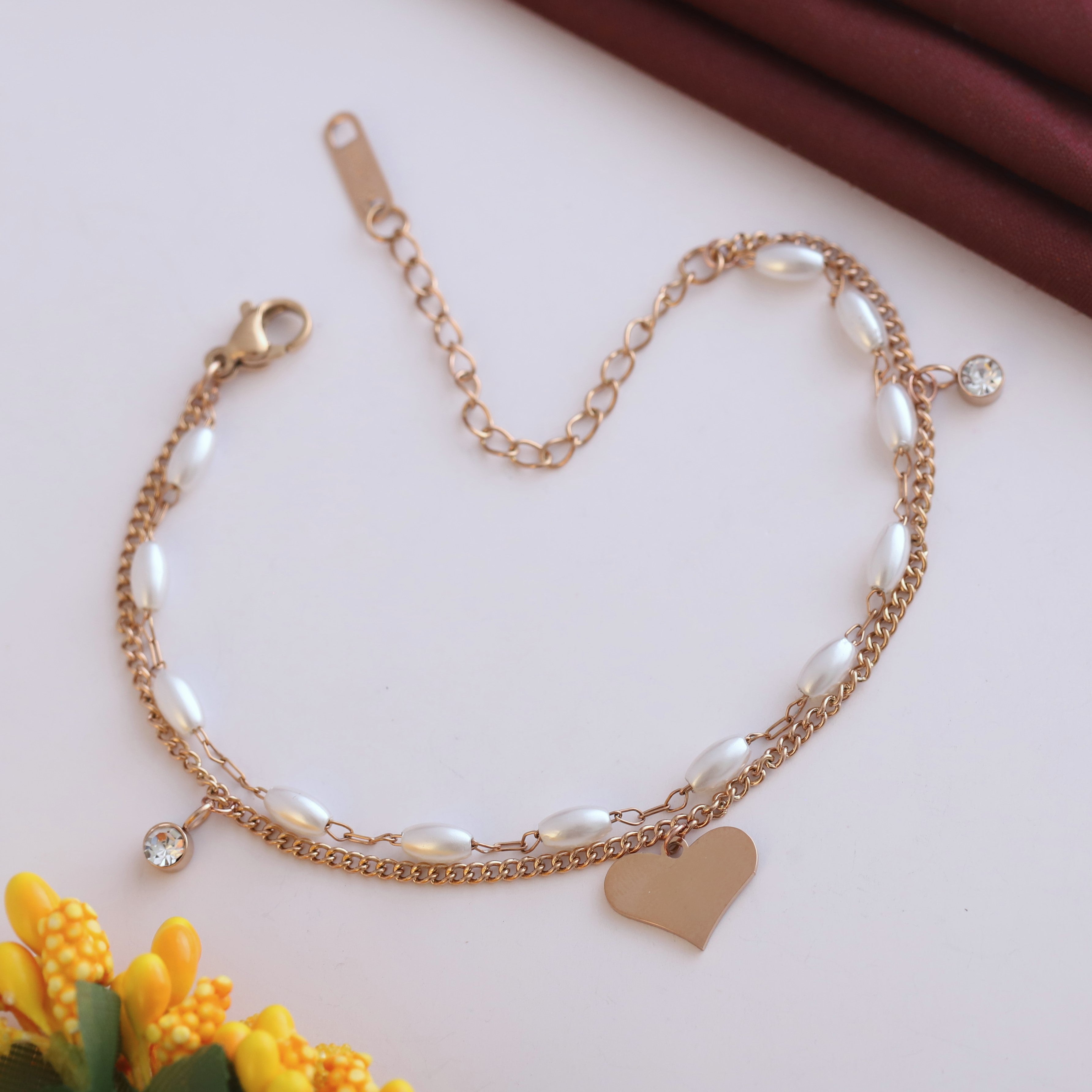 Heart Charm & Pearl Chain Bracelet Gold Plated – Double Layer, Anti-Tarnish, Waterproof, Minimalist Style (ROSE GOLD)