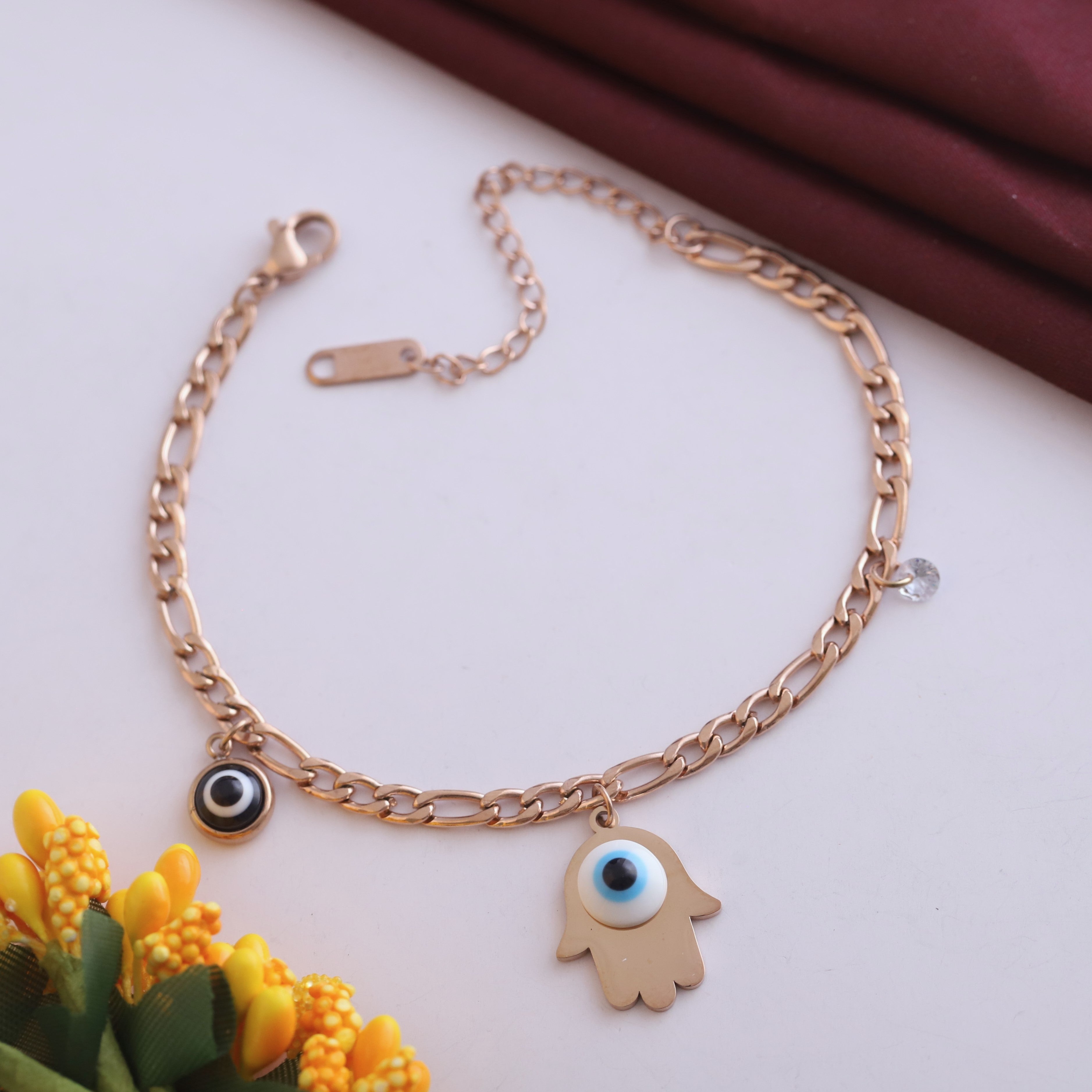 Hamza & Evil Eye Chain Bracelet Gold Plated – Single Layer, Anti-Tarnish, Waterproof(ROSE GOLD)