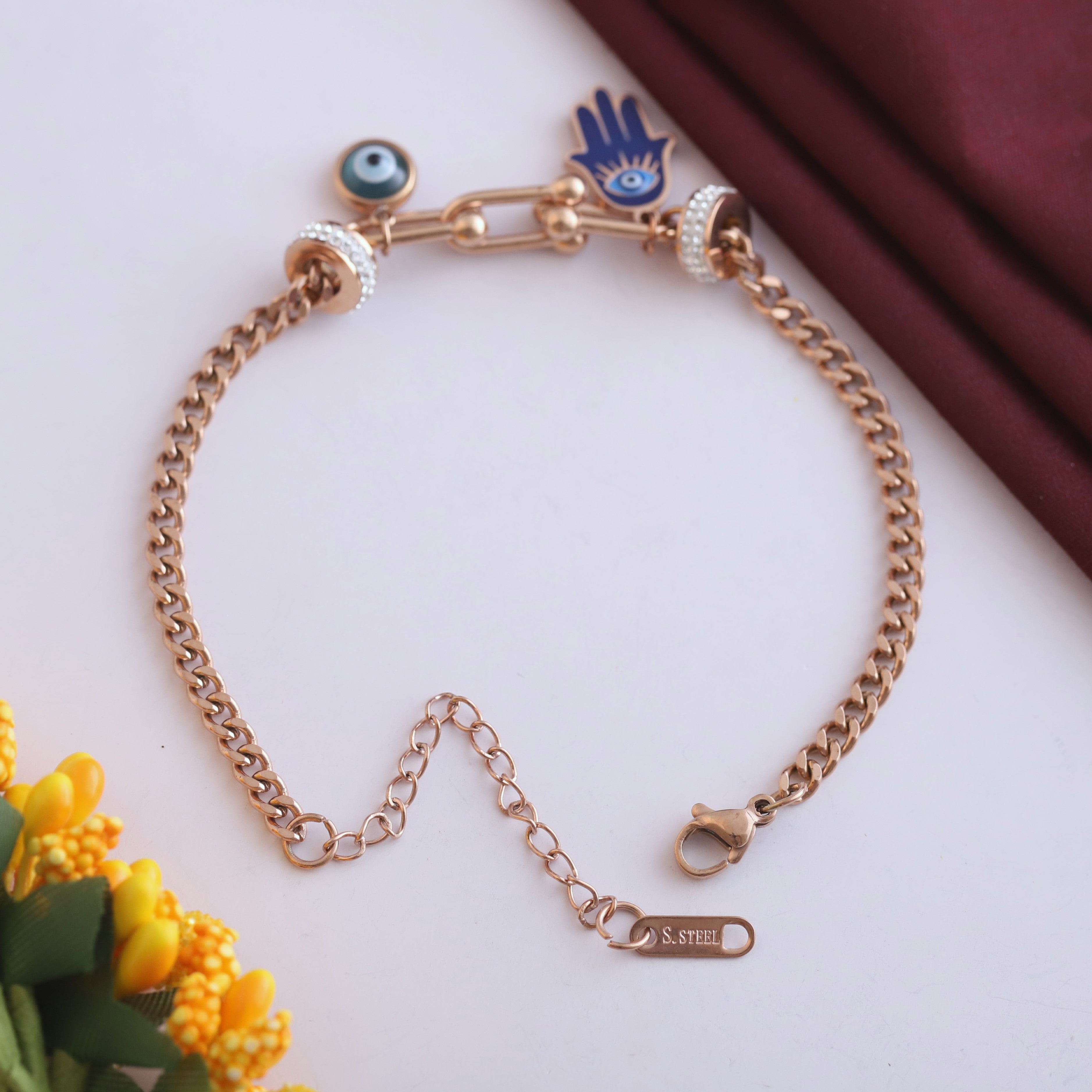 Hamza & Evil Eye Chain Bracelet Gold Plated – Single Layer, Anti-Tarnish, Waterproof(ROSE GOLD)