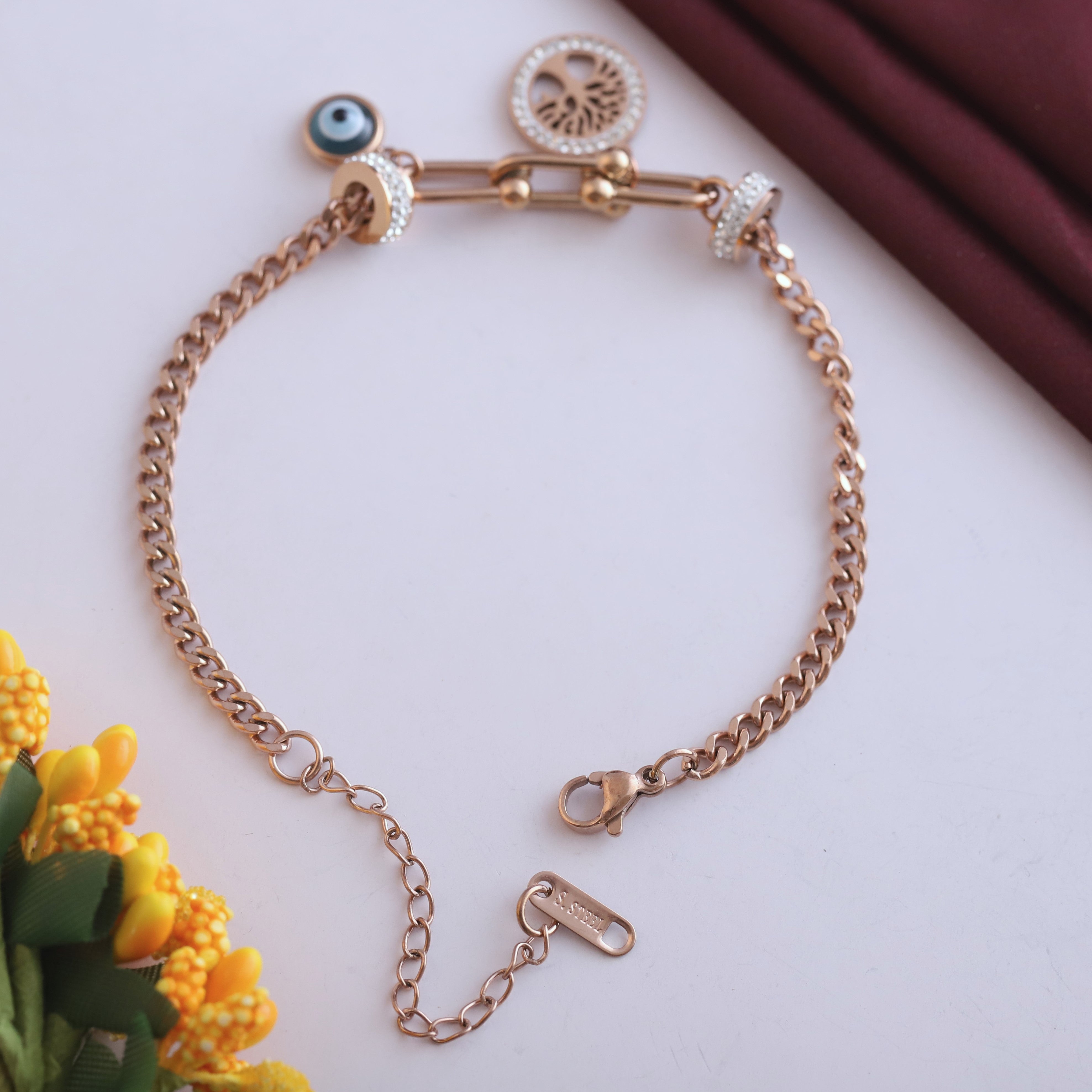Evil Eye Chain Bracelet Gold Plated – Single Layer, Anti-Tarnish, Waterproof(ROSE GOLD)