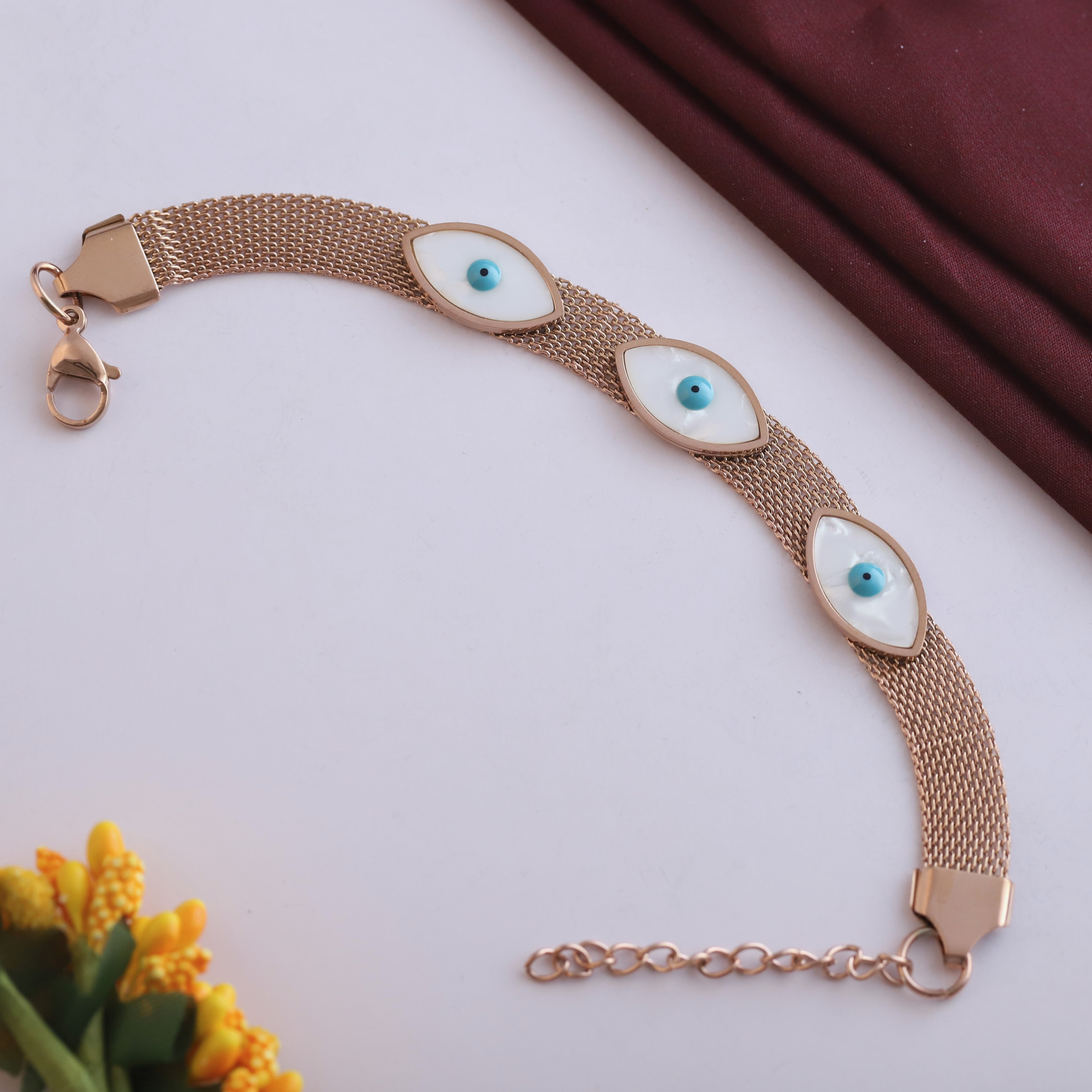 Evil Eye Honey Comb Chain Bracelet Gold Plated – Single Layer, Anti-Tarnish, Waterproof (ROSE GOLD)