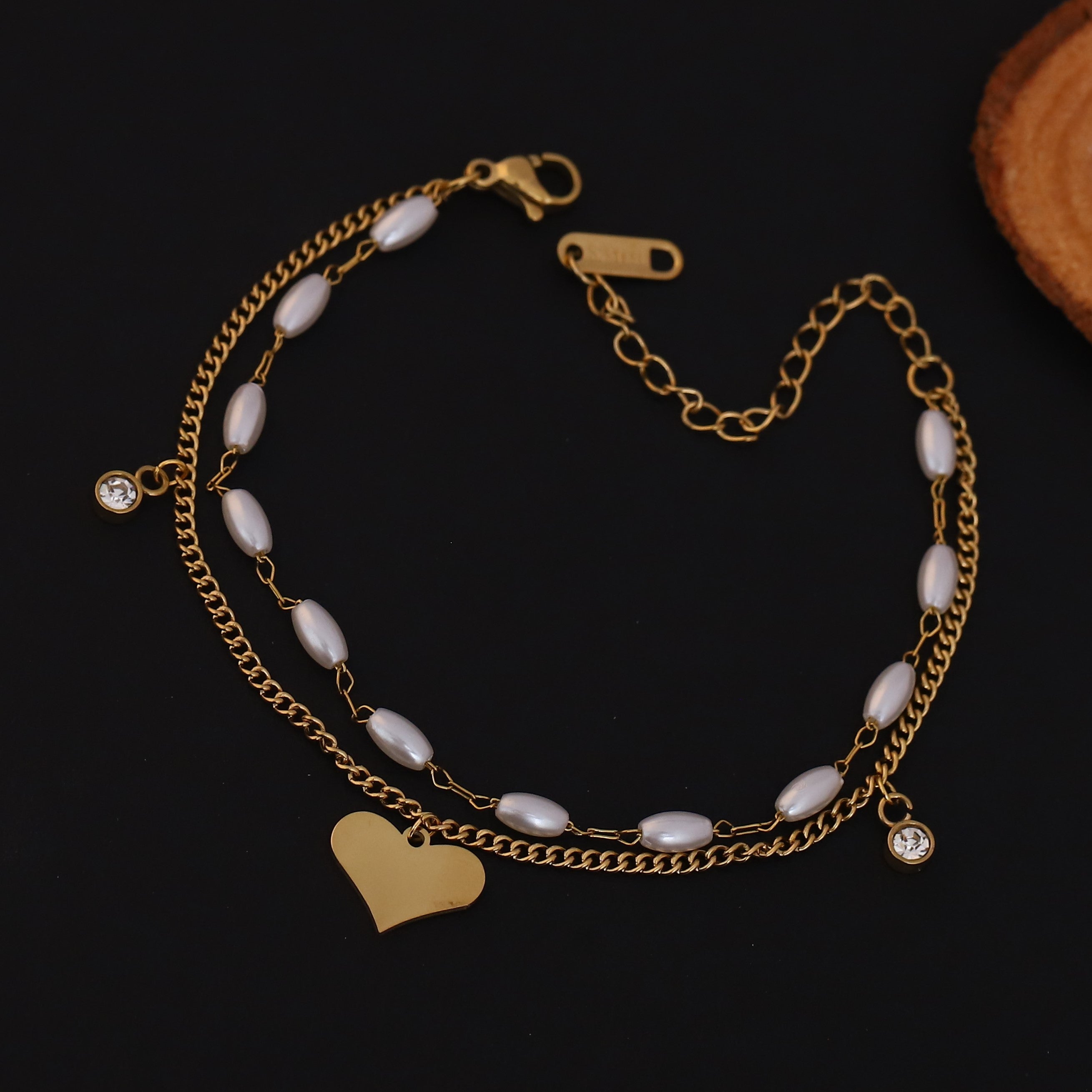 Heart Charm & Pearl Chain Bracelet Gold Plated – Double Layer, Anti-Tarnish, Waterproof, Minimalist Style (GOLD)