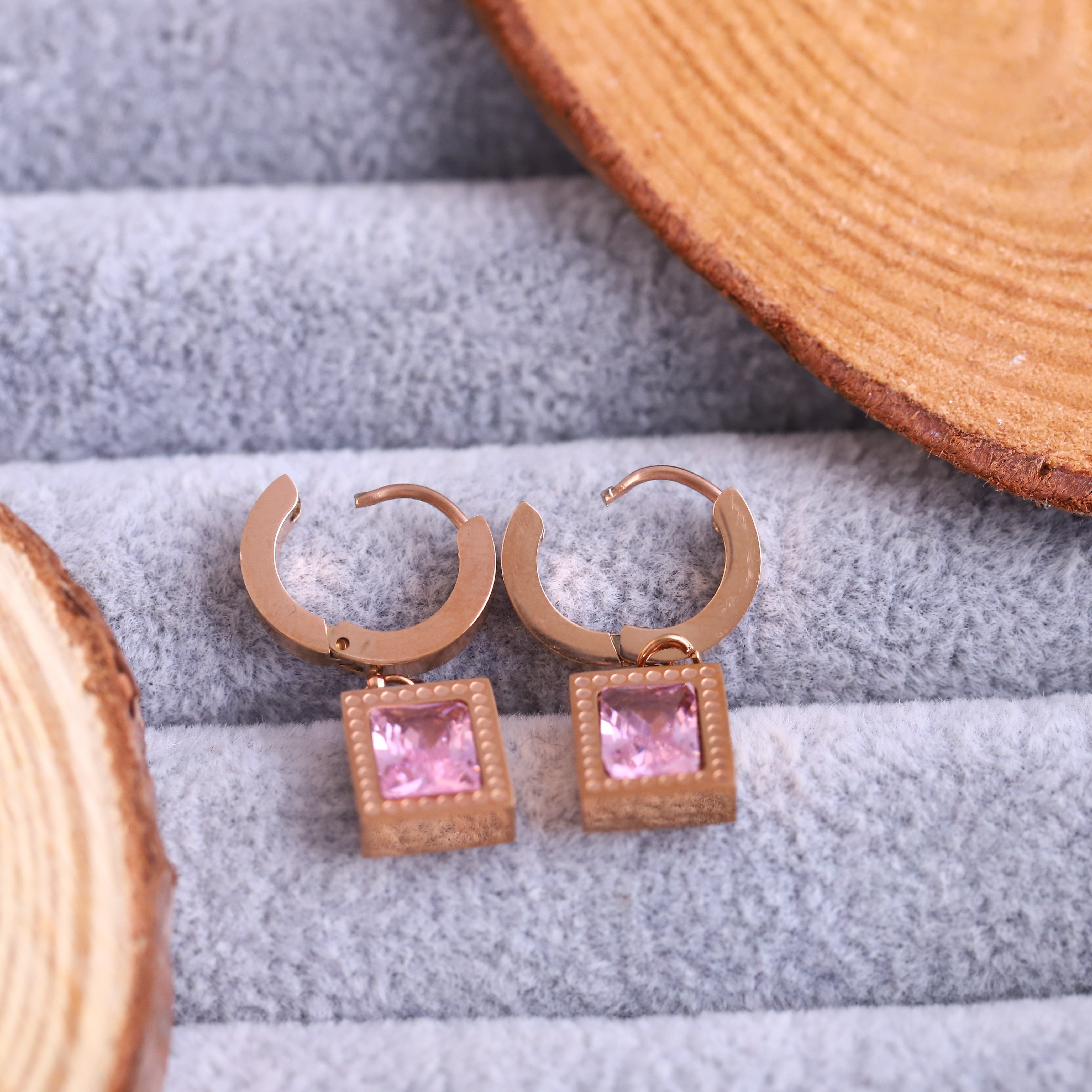 Hoop Pink Stone Earrings – Gold Plated, Anti-Tarnish, Waterproof, Everyday Minimalist Jewelry (ROSE GOLD)