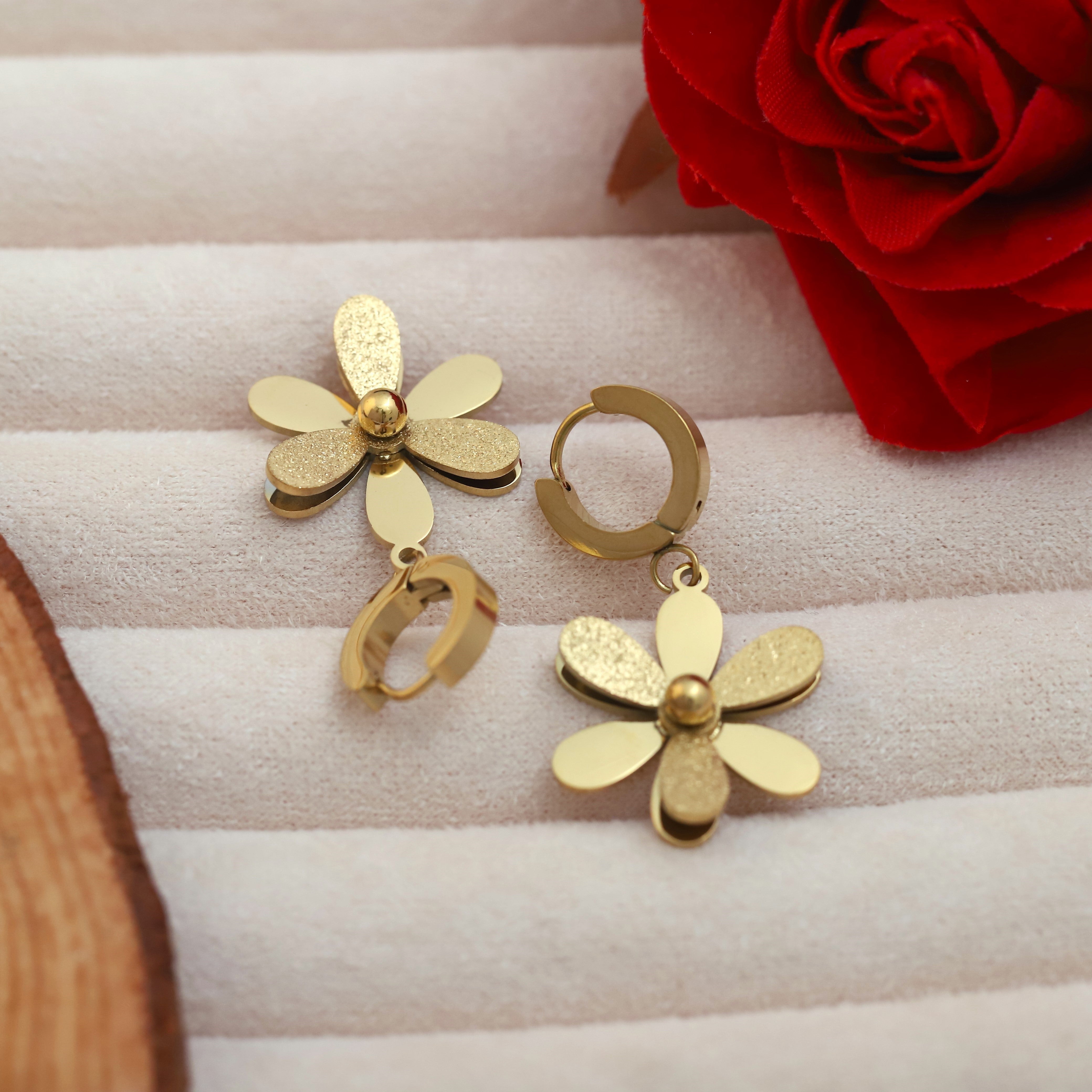 Hoop Flower Earrings – 22KT Gold Plated, Anti-Tarnish, Waterproof, Everyday Minimalist Jewelry (GOLD)