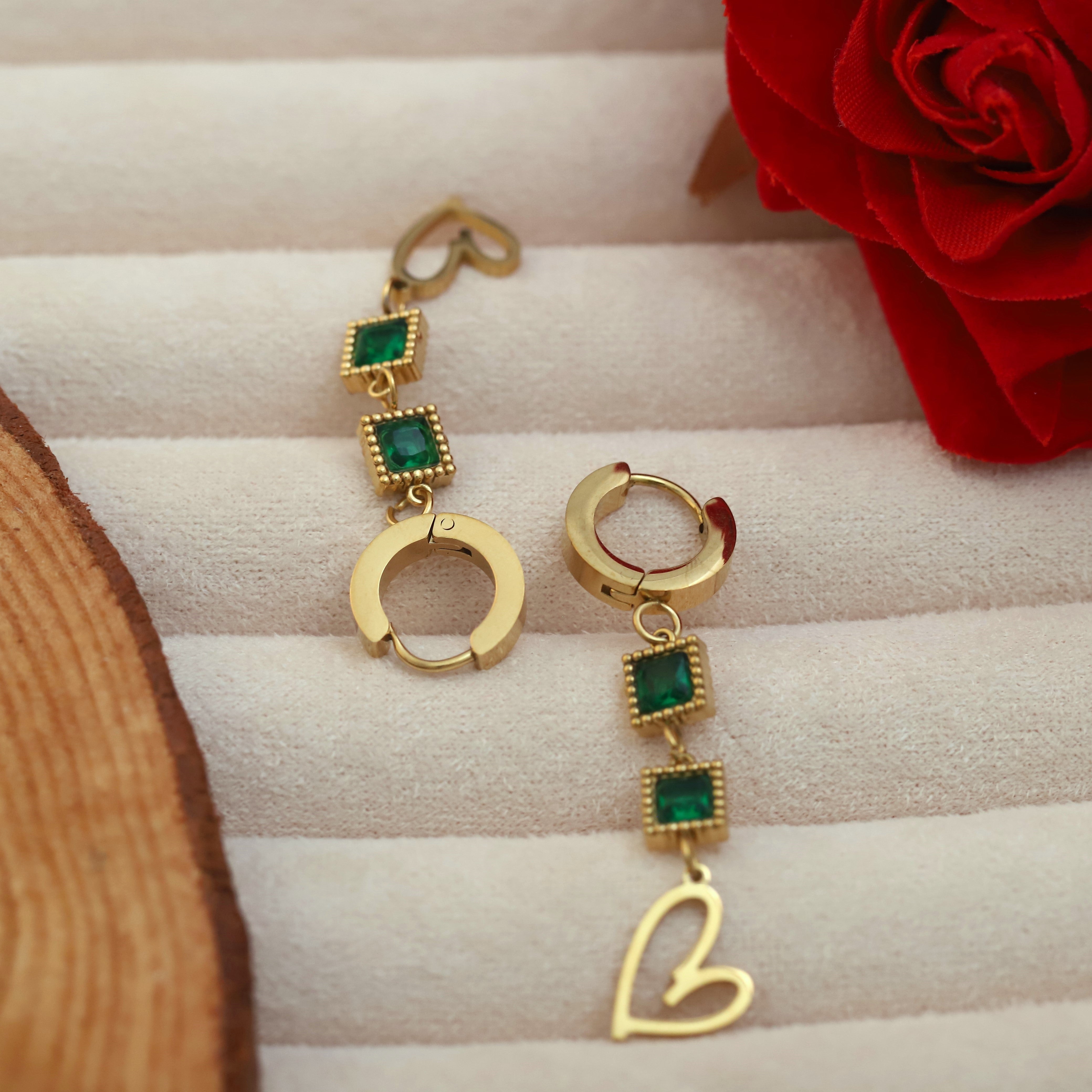 Hoop Green Stone Earrings – 22KT Gold Plated, Anti-Tarnish, Waterproof, Everyday Minimalist Jewelry (GOLD)