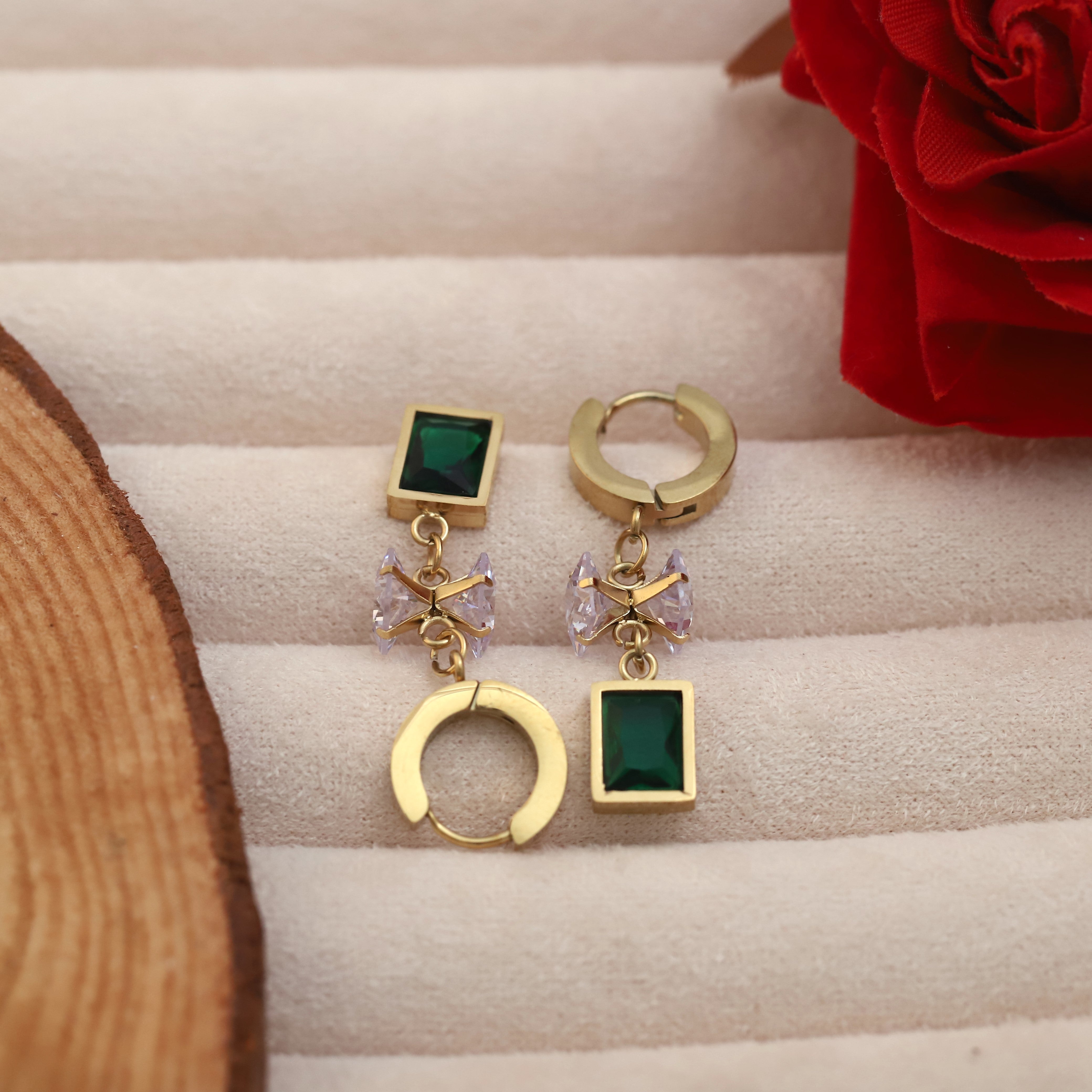 Hoop Green Stone Earrings – 22KT Gold Plated, Anti-Tarnish, Waterproof, Everyday Minimalist Jewelry (GOLD)