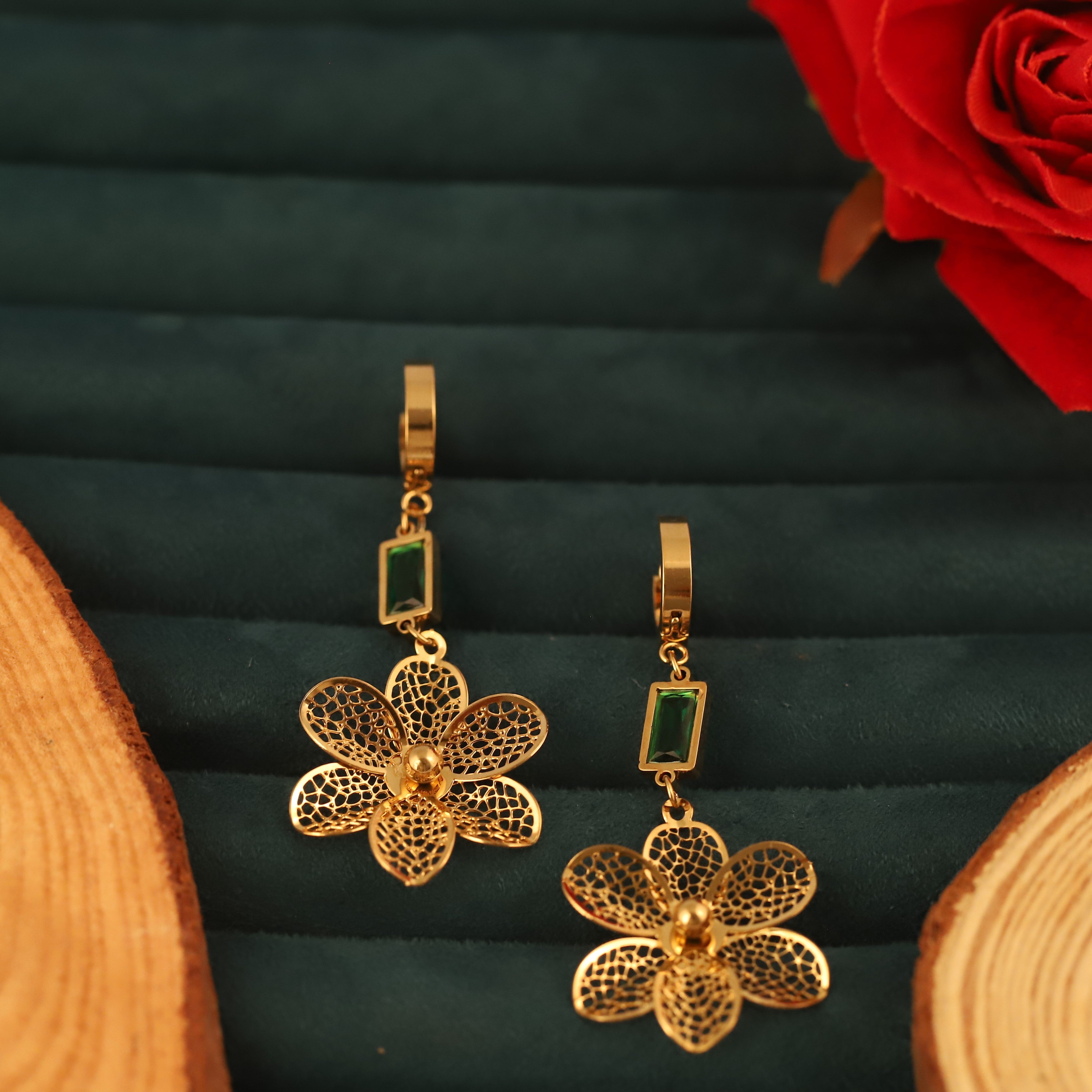Hoop Flower Green Stone Earrings – 22KT Gold Plated, Anti-Tarnish, Waterproof, Everyday Minimalist Jewelry (GOLD)