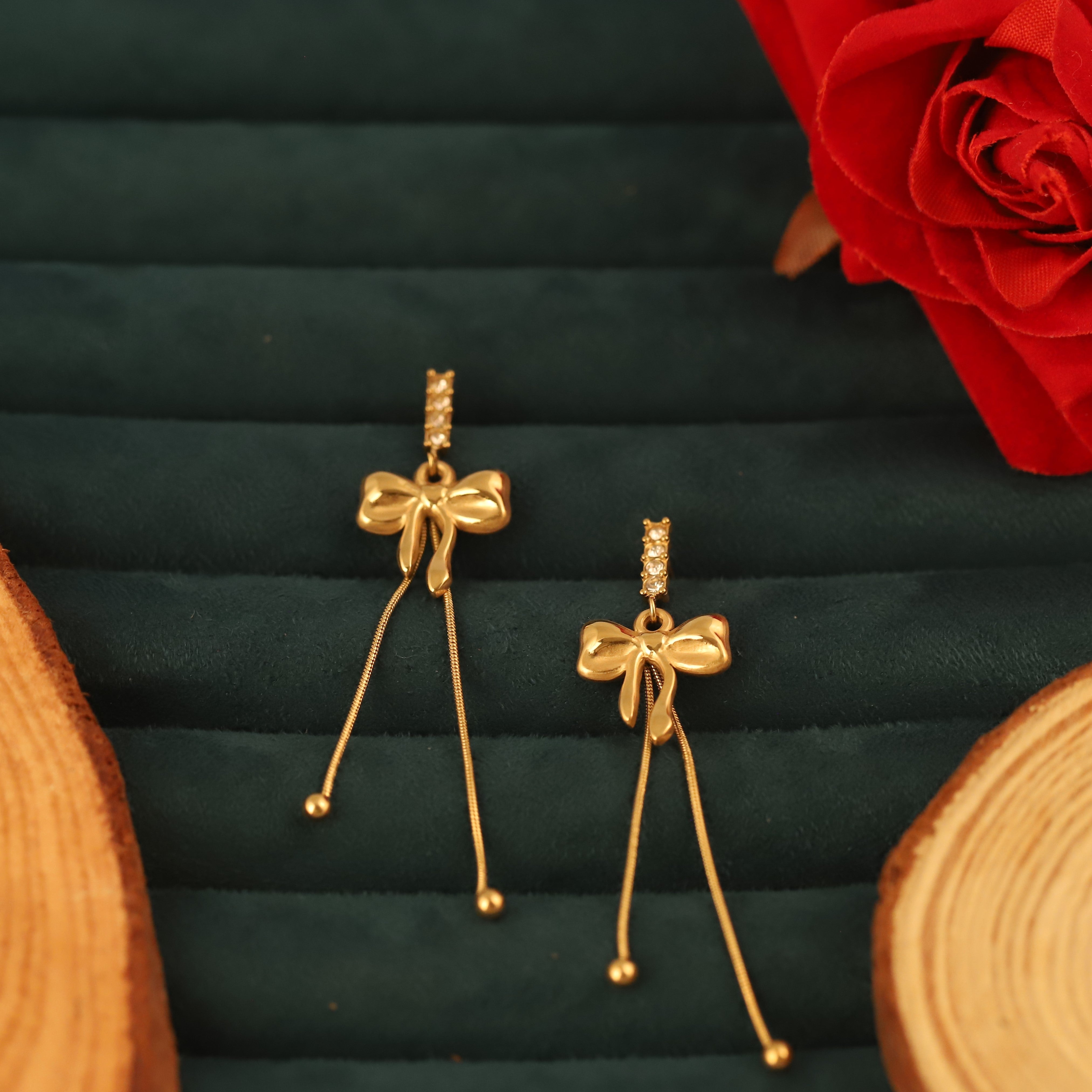 Trendy Bow Drops Earrings – Gold Plated, Anti-Tarnish, Waterproof, Everyday Minimalist Jewelry (GOLD)