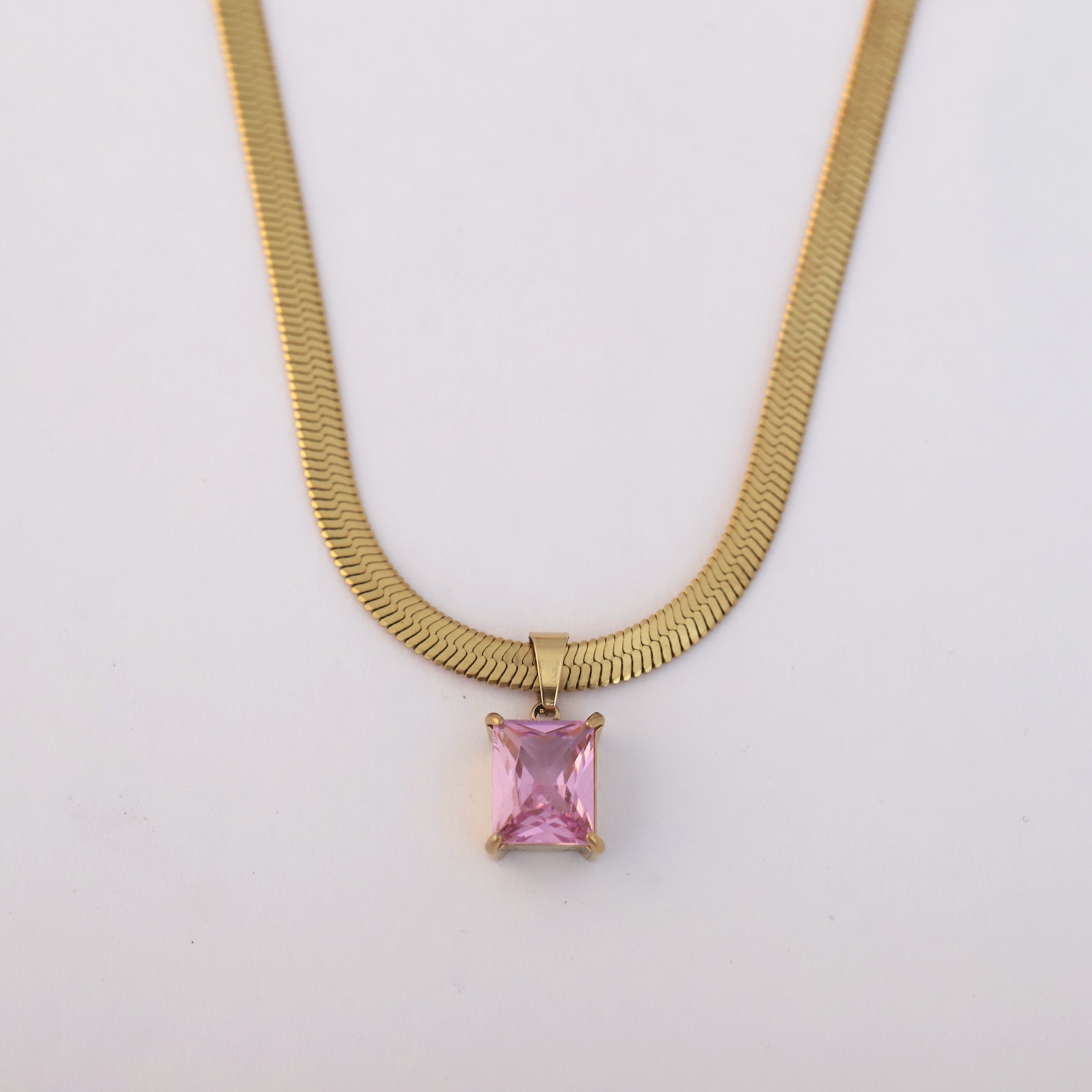 Snake Chain with Pink Stone Charm Gold Plated – Single Layer, Anti-Tarnish, Waterproof, Minimalist Style (GOLD)