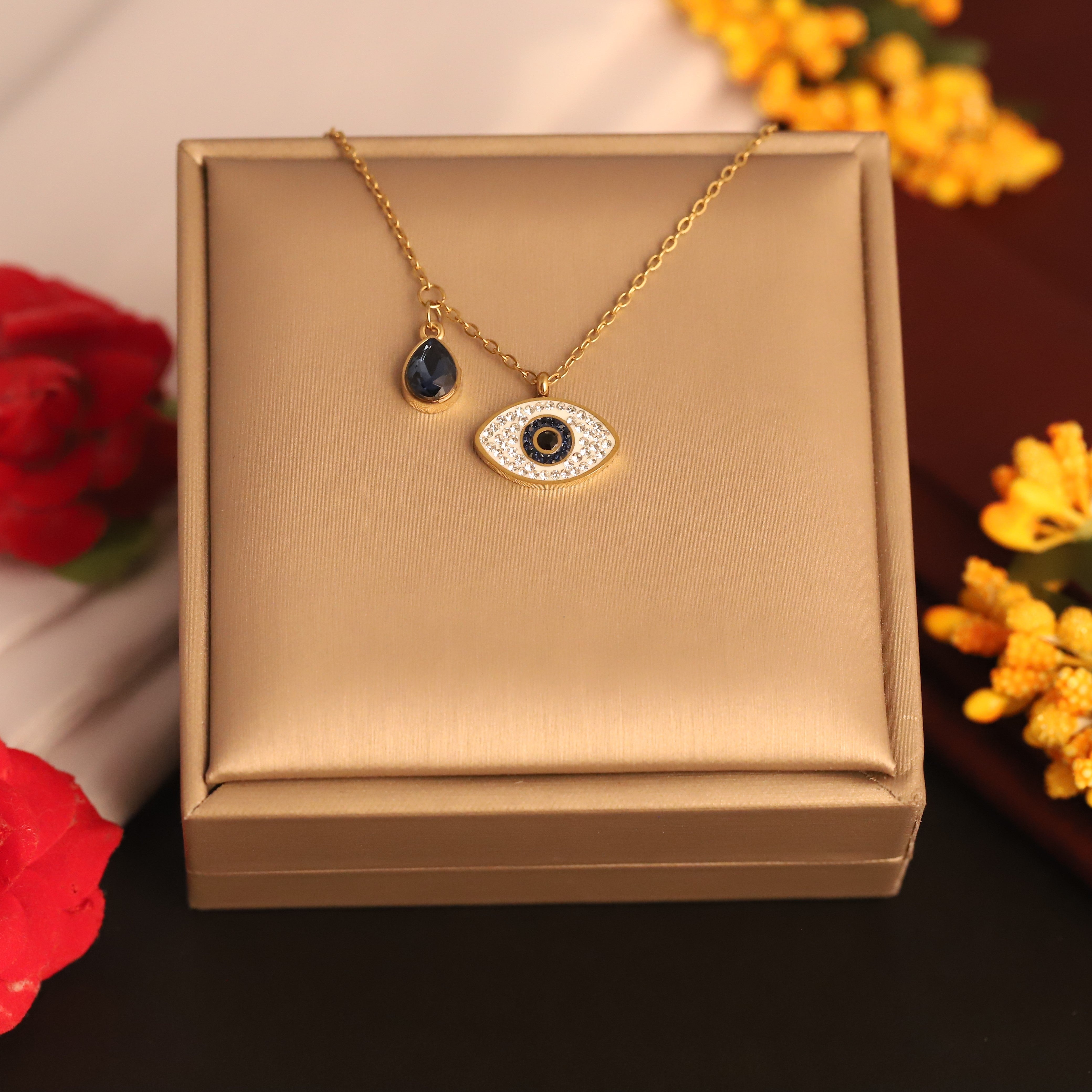 Evil Eye Charm Blue Stone Chain Gold Plated – Single Layer, Anti-Tarnish, Waterproof, Minimalist Style (GOLD)