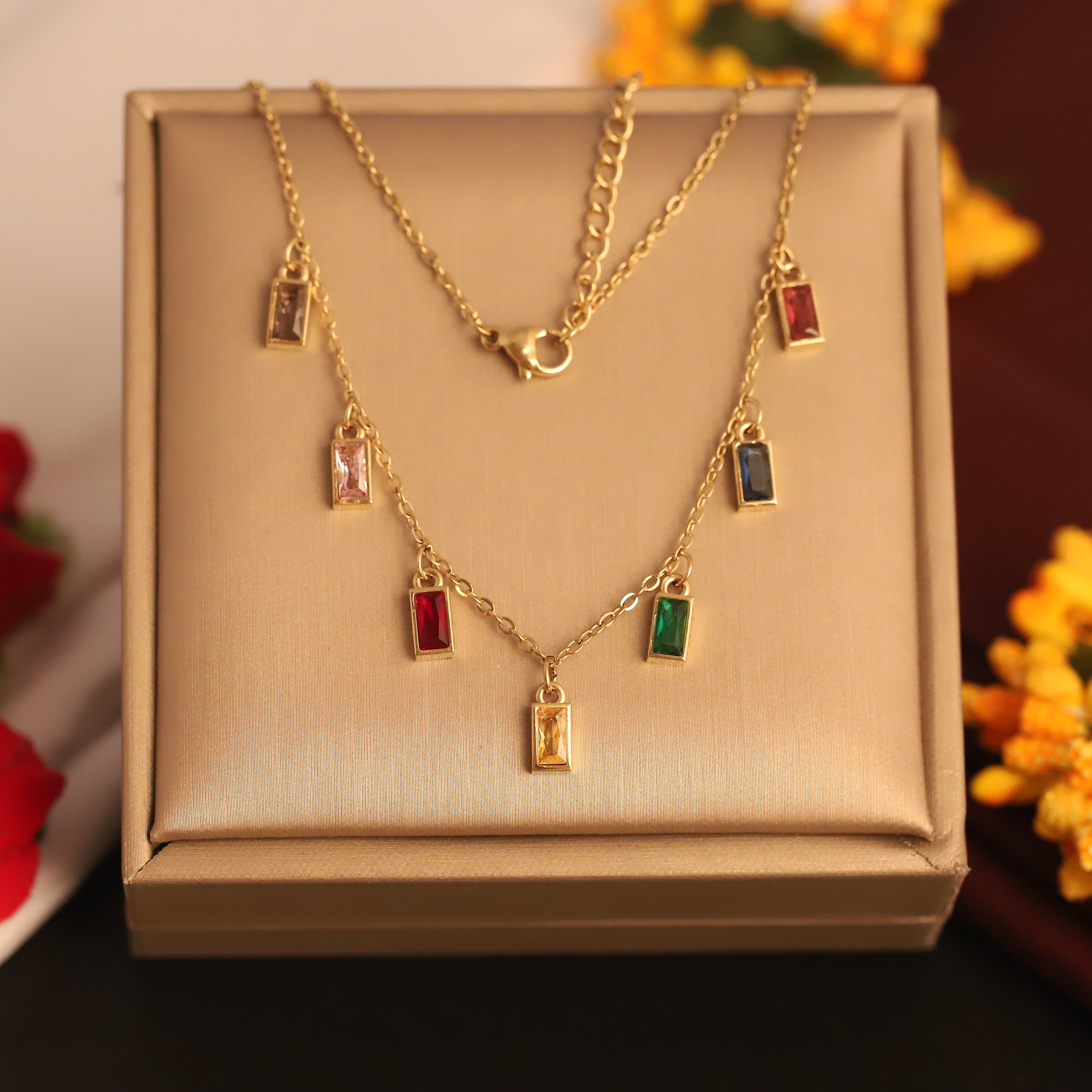 Zircon stone Multi Color Chain Gold Plated – Single Layer, Anti-Tarnish, Waterproof, Minimalist Style (GOLD)