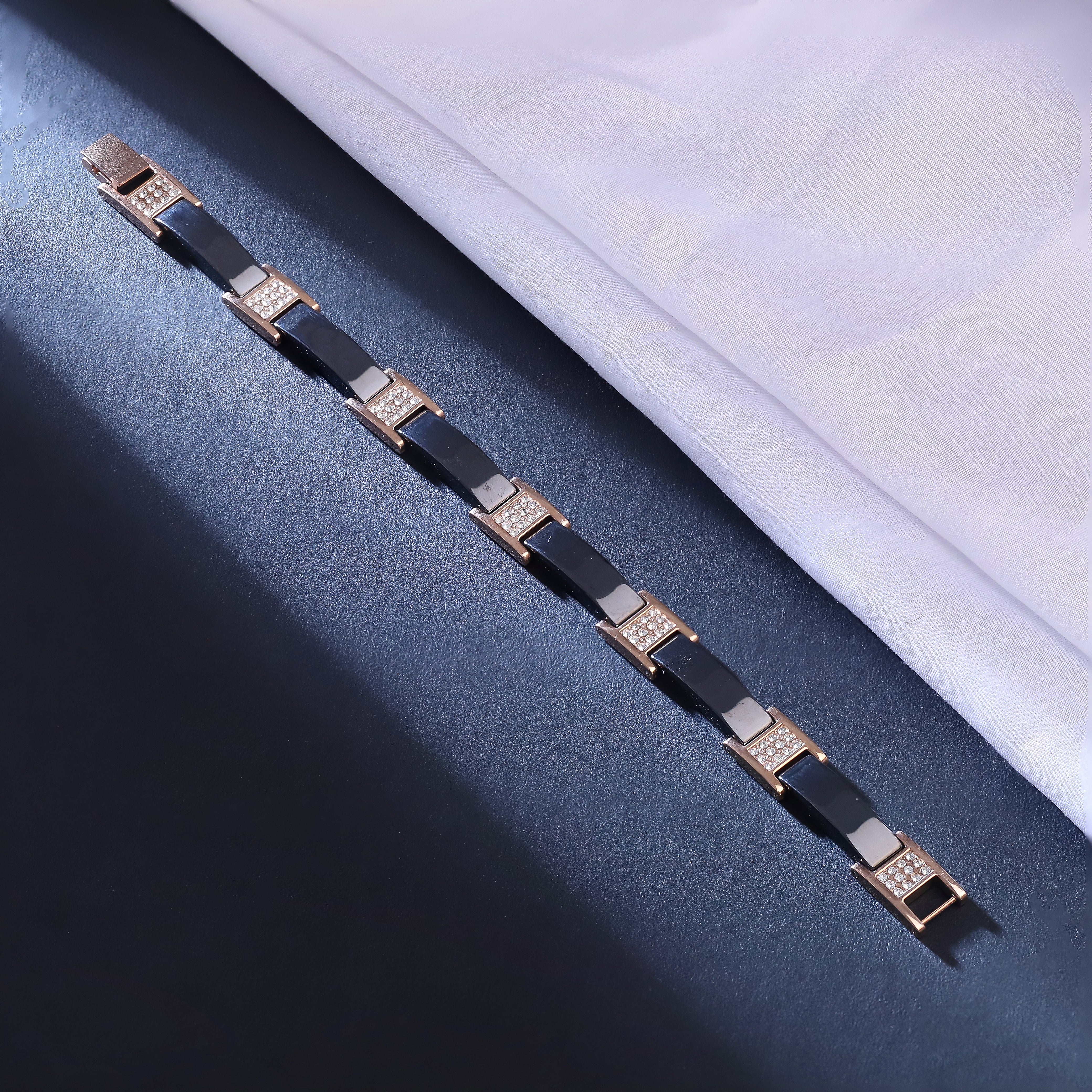 Men's Luxury Black Ceramic and Rose Gold Stainless Steel Bracelet – Elegant Link Design with Cubic Zirconia Accents, Hypoallergenic, Scratch Resistant, Gift Box Included