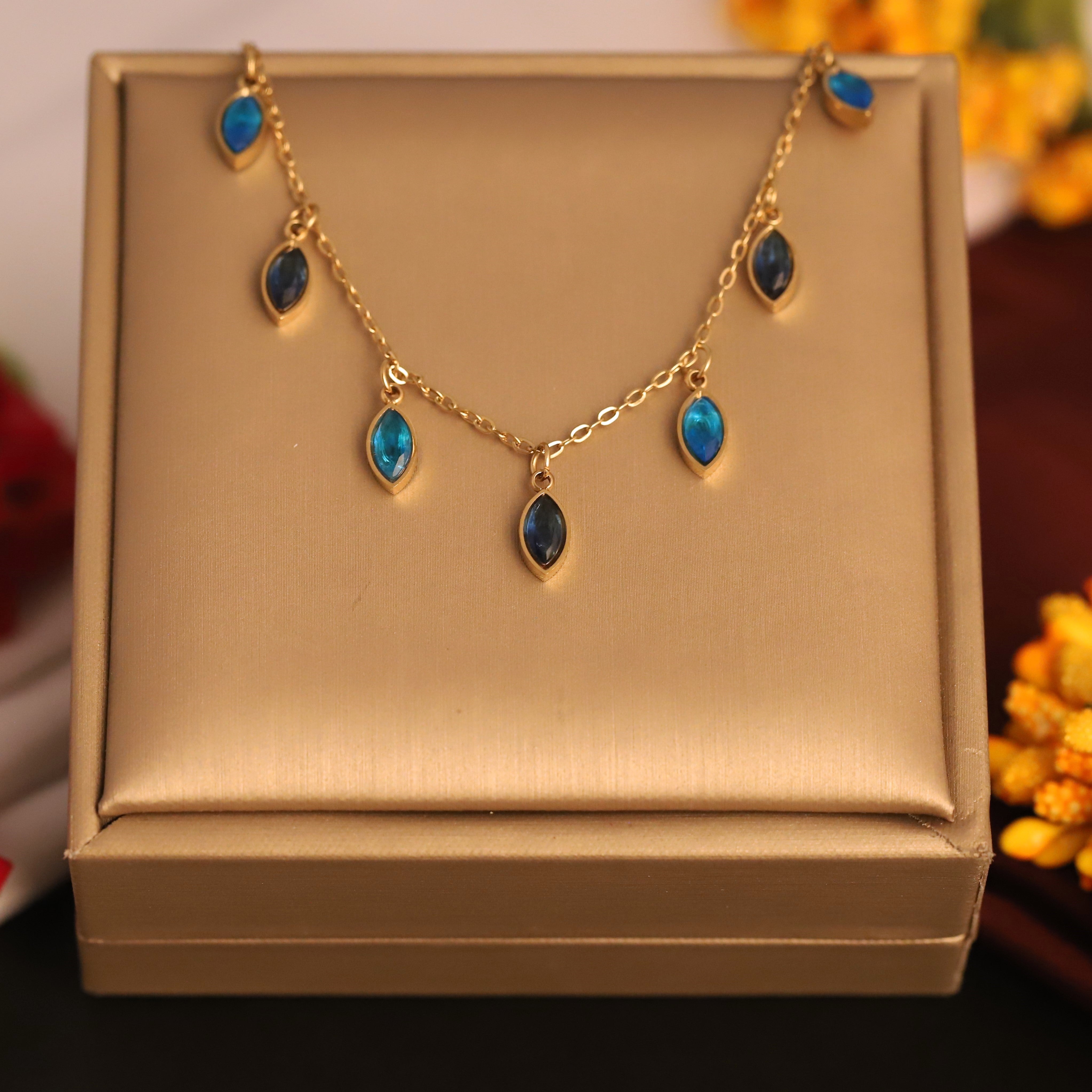 Drops Blue Stone Charms Chain Gold Plated – Single Layer, Anti-Tarnish, Waterproof, Minimalist Style (GOLD)