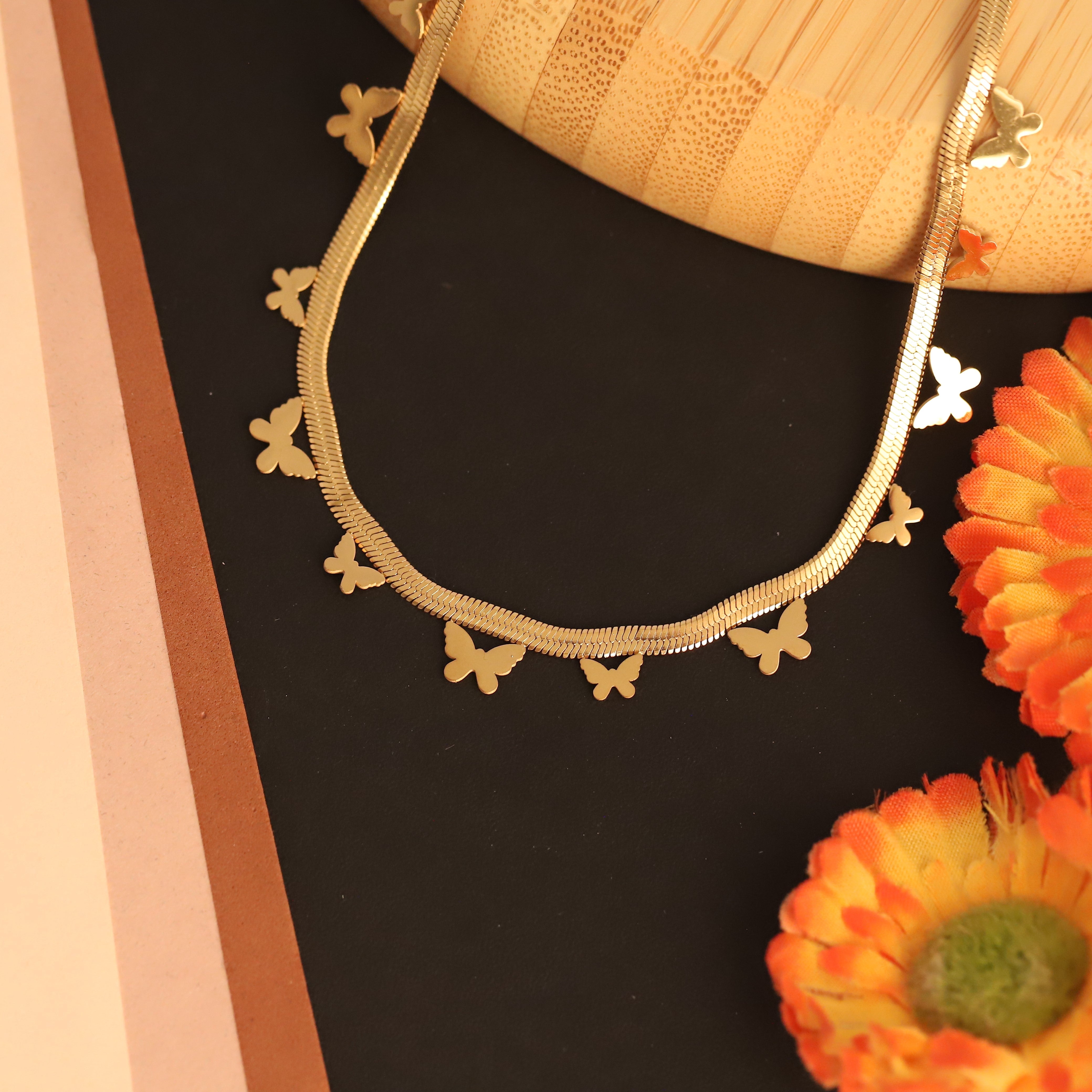 Butterfly Charms White Stones Chain Gold Plated – Single Layer, Anti-Tarnish, Waterproof, Minimalist Style (GOLD)