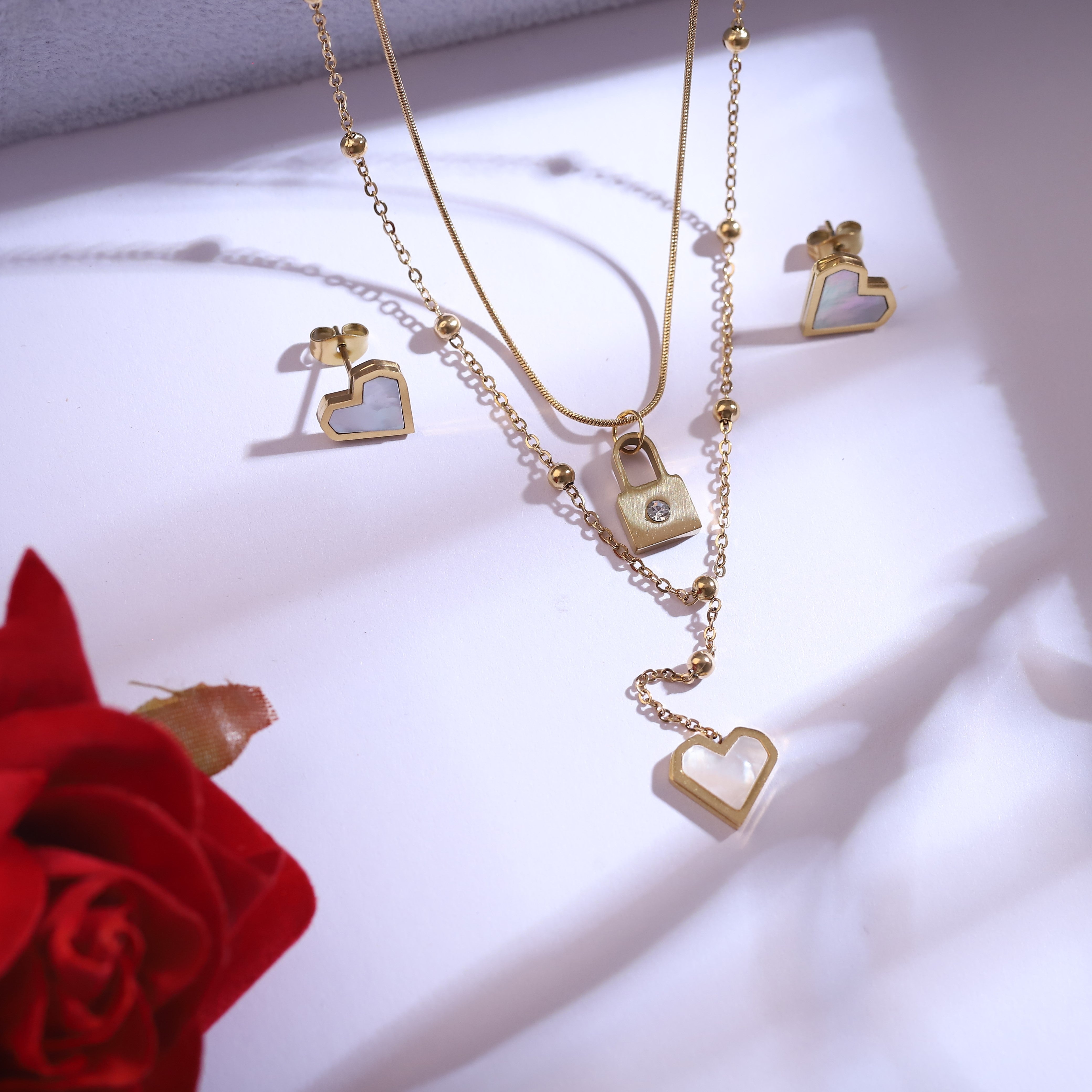 Heart Charm Chain Stud Earrings Set – Multi Layer, 18K Gold Plated, Anti-Tarnish, Waterproof, Everyday Minimalist Jewelry (GOLD)