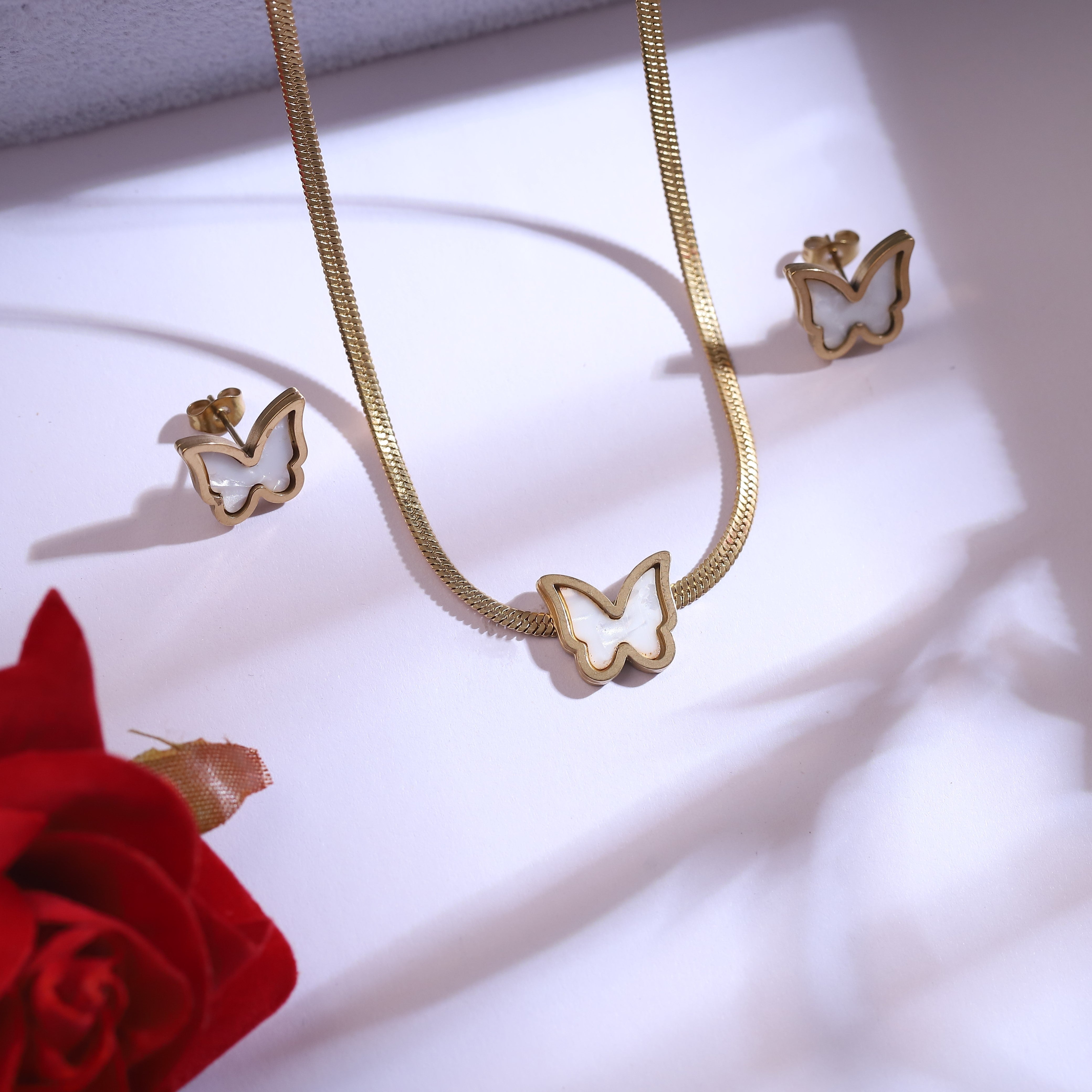 Butterfly Charm Snake Chain Stud Earrings Set – 18K Gold Plated, Anti-Tarnish, Waterproof, Everyday Minimalist Jewelry (GOLD)