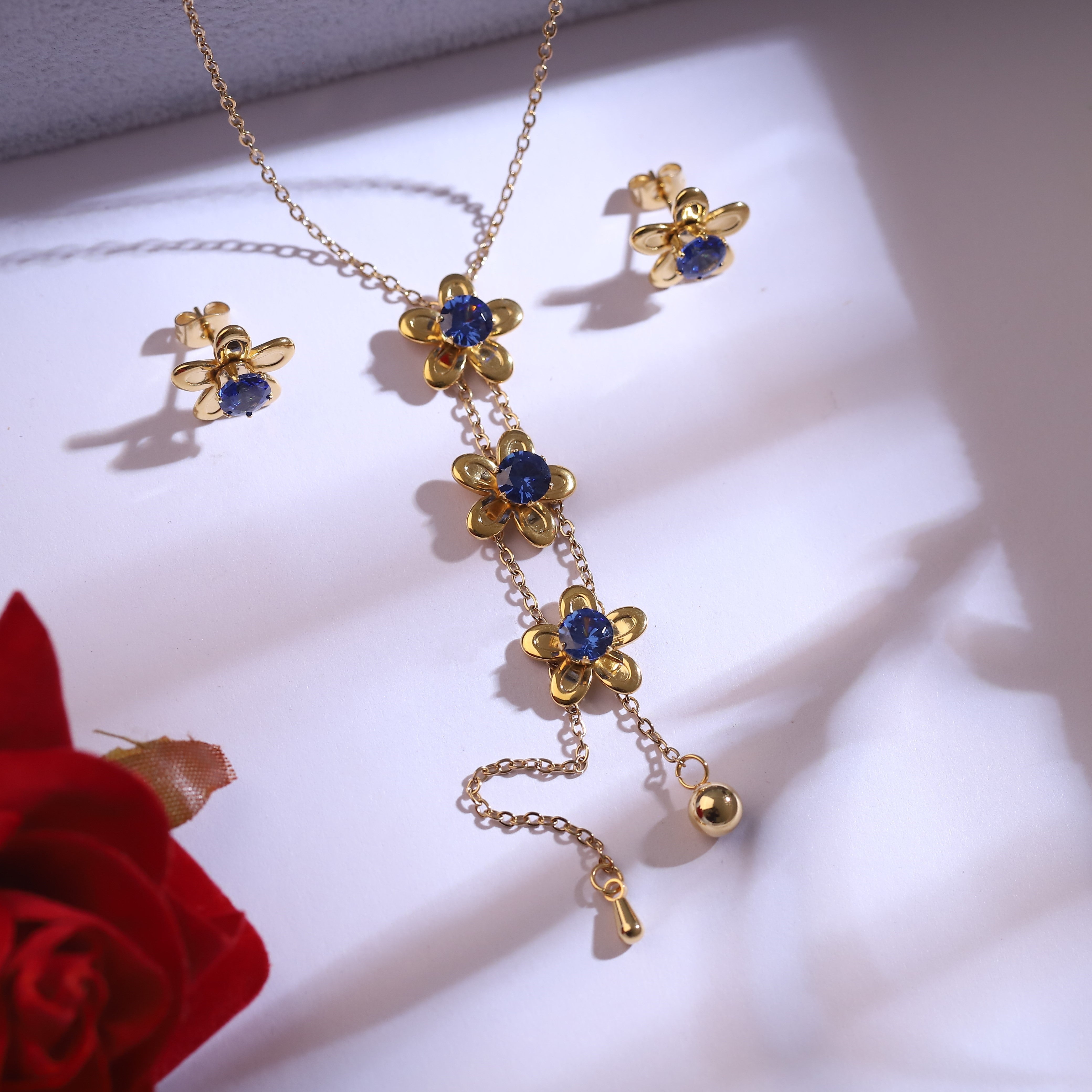 Trendy Flower Charm Chain Stud Set – 18K Gold Plated, Anti-Tarnish, Waterproof, Everyday Minimalist Jewelry (GOLD)