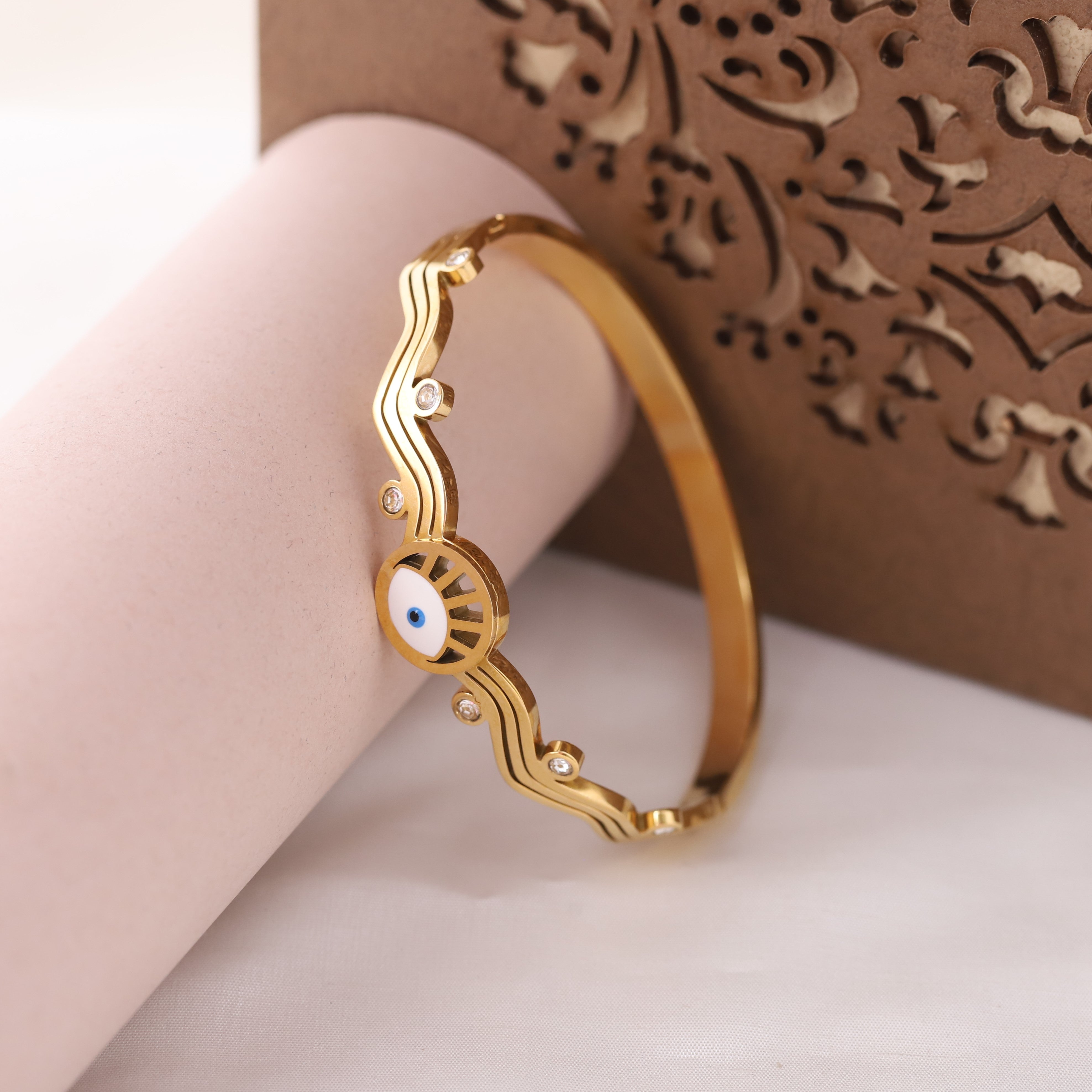 Evil Eye Gold-Plated Stainless Steel Cuff Bracelet – Anti-Tarnish Jewelry for Women & Girls (GOLD)
