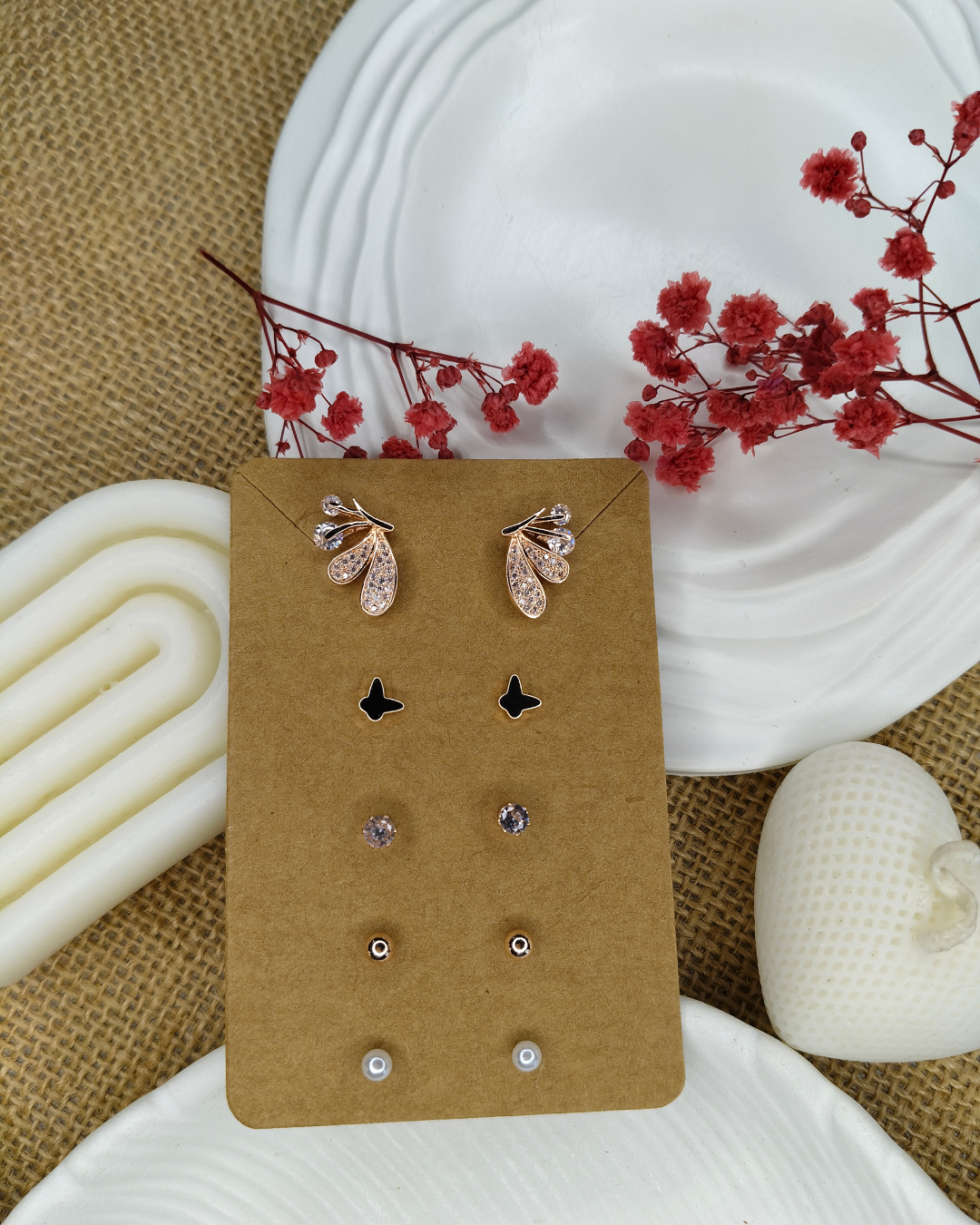 Trendy Charm Earrings Combo – Set of 5, Gold Plated, Anti-Tarnish, Waterproof, Everyday Minimalist Jewelry (ROSE GOLD)