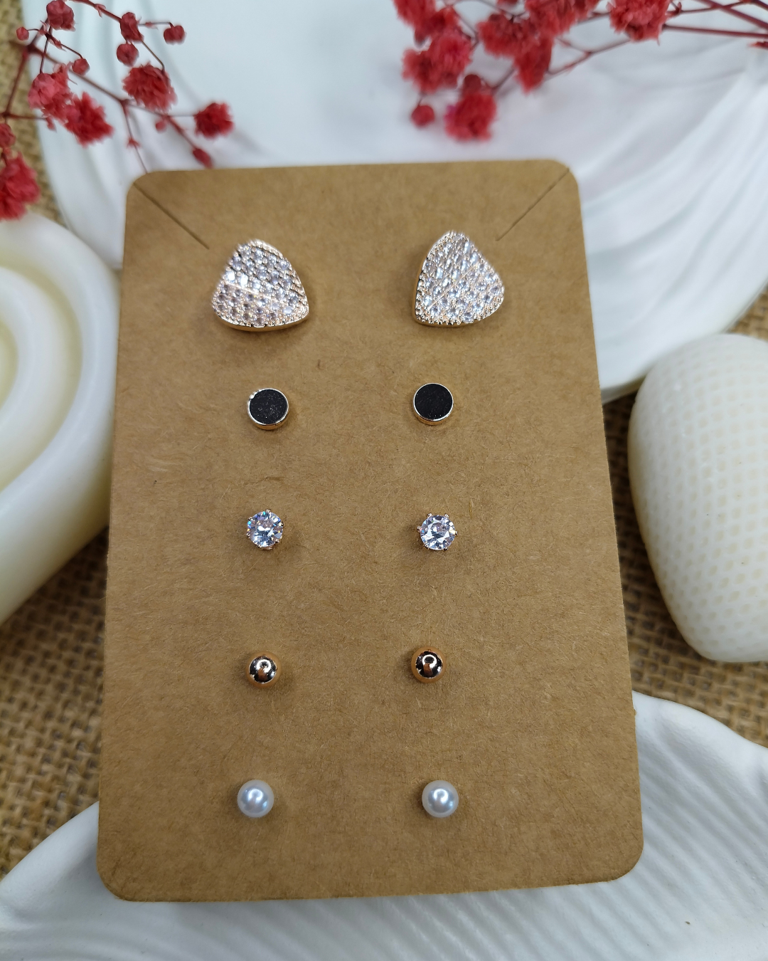 Trendy Charm Earrings Combo – Set of 5, Gold Plated, Anti-Tarnish, Waterproof, Everyday Minimalist Jewelry (ROSE GOLD)