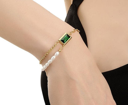 Green Stone Pearl Chain Bracelet Gold Plated – Double Layer, Anti-Tarnish, Waterproof, Minimalist Style (GOLD)