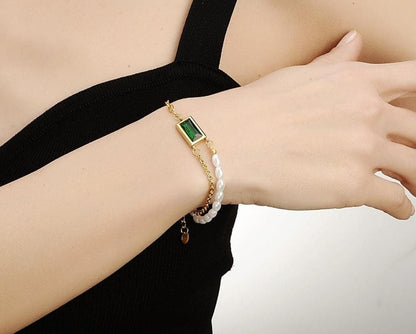 Green Stone Pearl Chain Bracelet Gold Plated – Double Layer, Anti-Tarnish, Waterproof, Minimalist Style (GOLD)