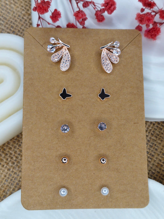 Trendy Charm Earrings Combo – Set of 5, Gold Plated, Anti-Tarnish, Waterproof, Everyday Minimalist Jewelry (ROSE GOLD)