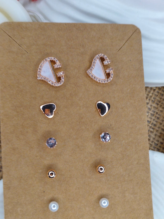 Trendy Charm Earrings Combo – Set of 5, Gold Plated, Anti-Tarnish, Waterproof, Everyday Minimalist Jewelry (ROSE GOLD)