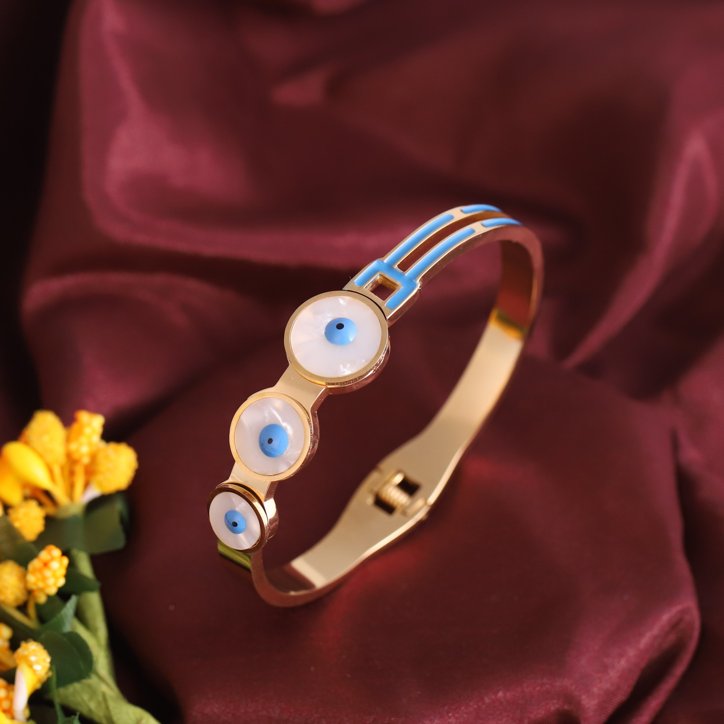 Evil Eye Gold-Plated Stainless Steel Cuff Bracelet – Anti-Tarnish Jewelry for Women & Girls (GOLD)
