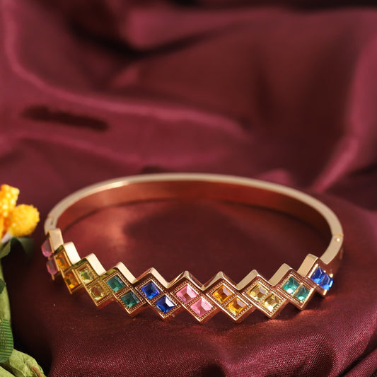 Multi Color Stone Gold-Plated Stainless Steel Lock Bracelet – Anti-Tarnish Jewelry for Women & Girls (GOLD)