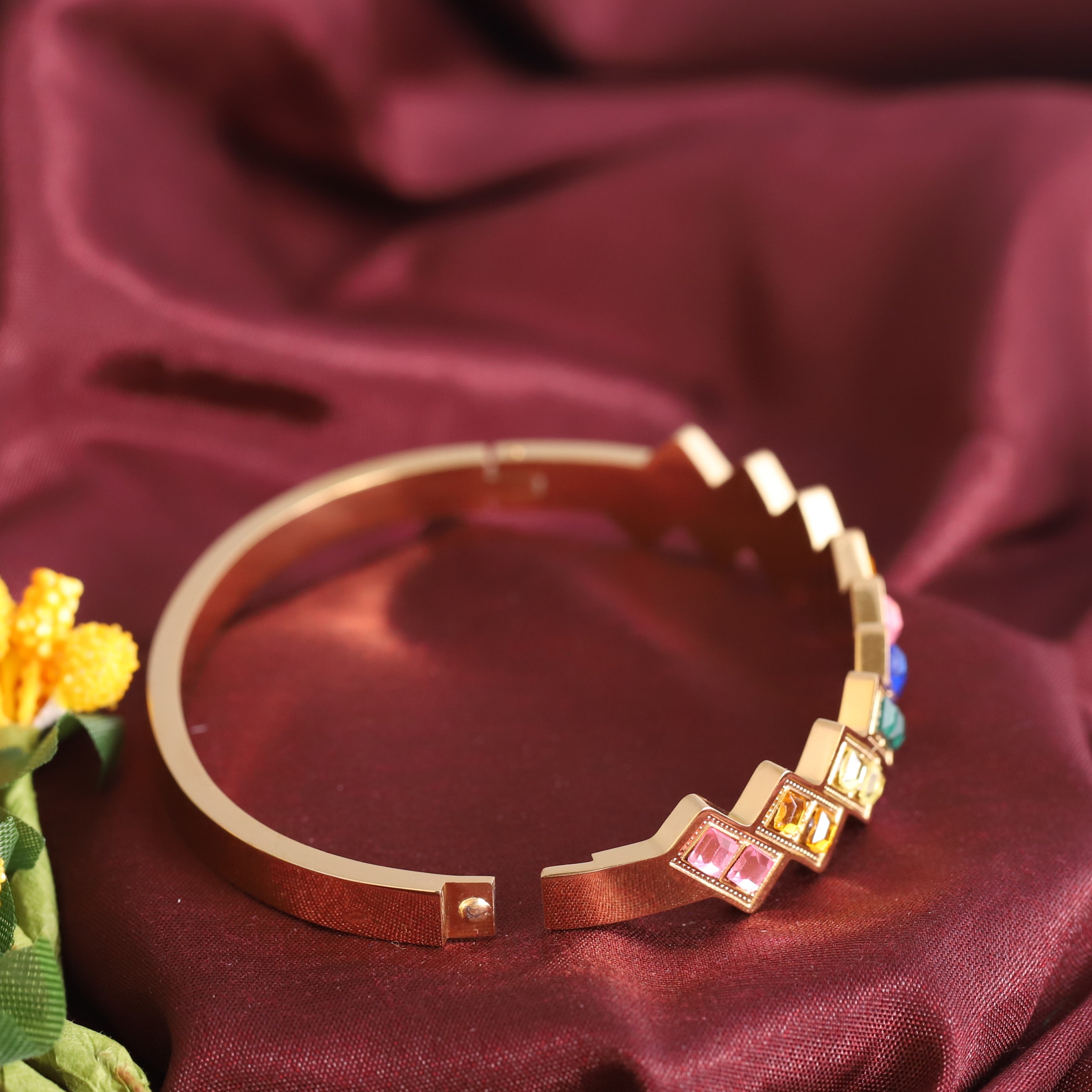 Multi Color Stone Gold-Plated Stainless Steel Lock Bracelet – Anti-Tarnish Jewelry for Women & Girls (GOLD)