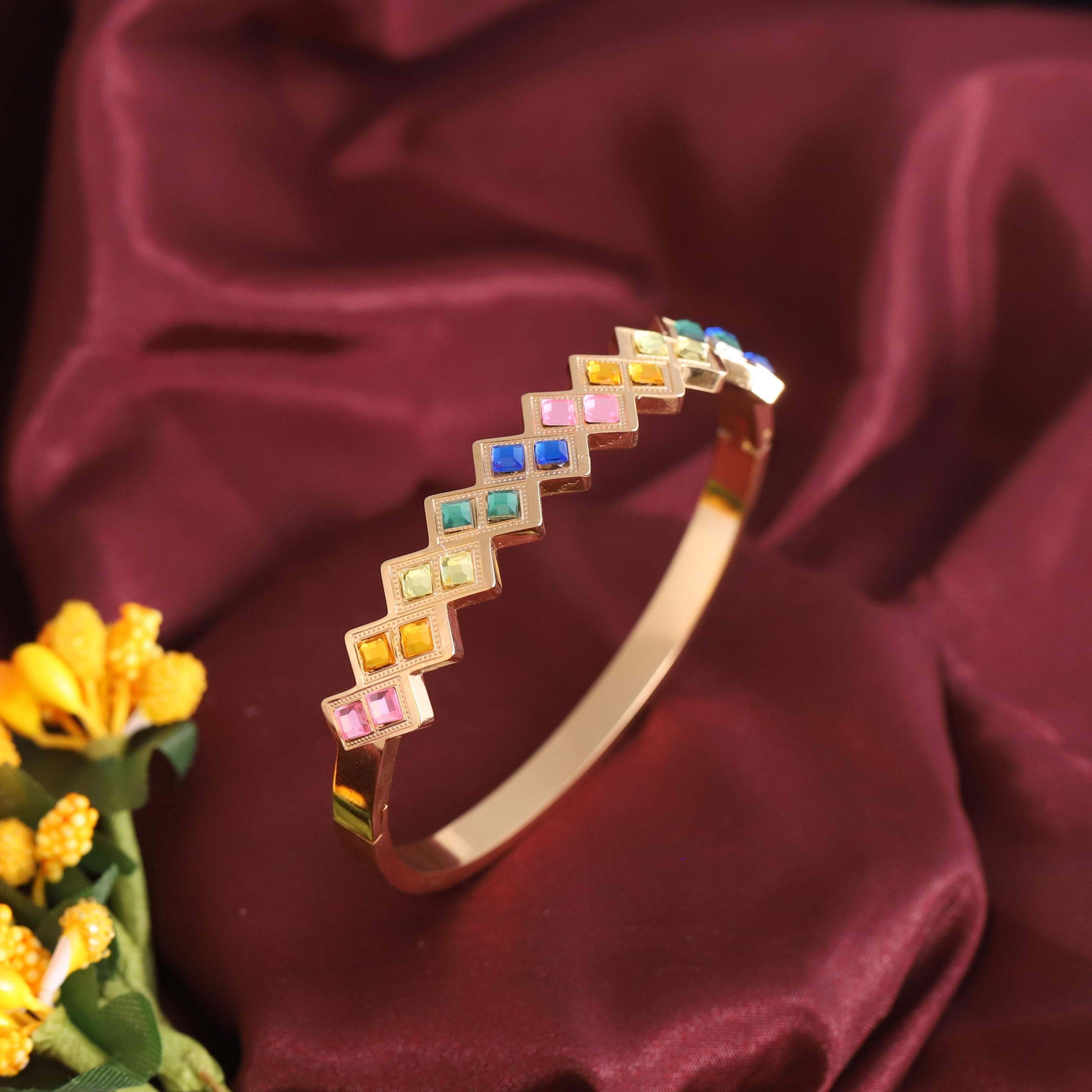 Multi Color Stone Gold-Plated Stainless Steel Lock Bracelet – Anti-Tarnish Jewelry for Women & Girls (GOLD)