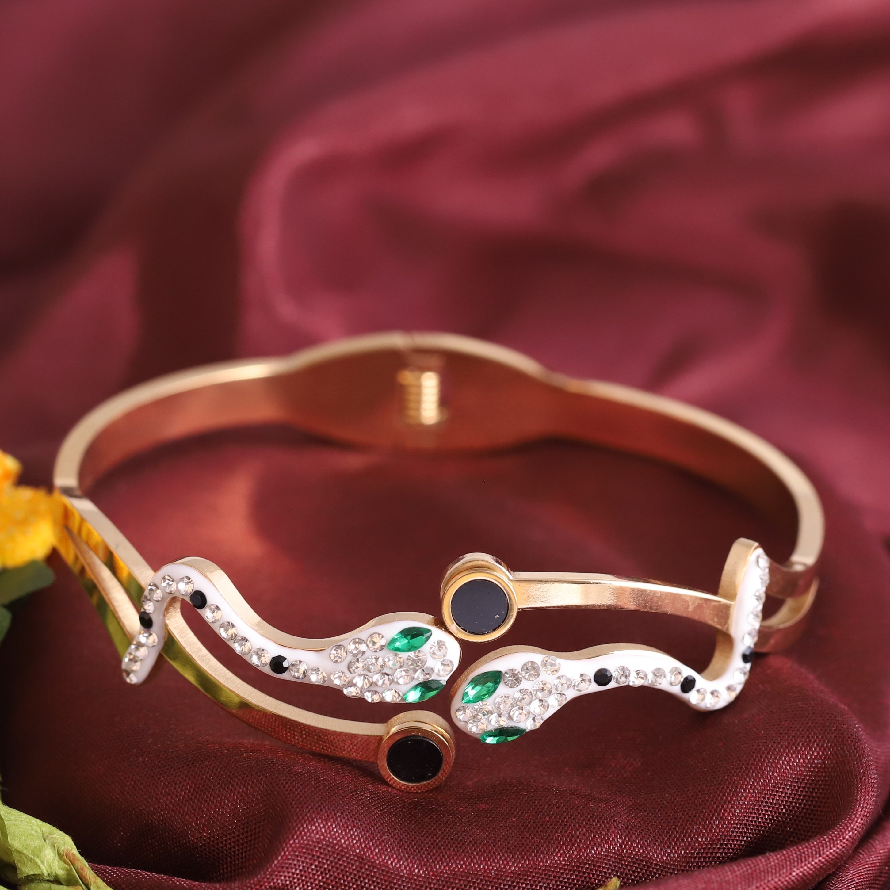 Snake with Americal Diamonds Gold-Plated Stainless Steel Bracelet – Openable, Unisex & Skin-Friendly (GOLD)