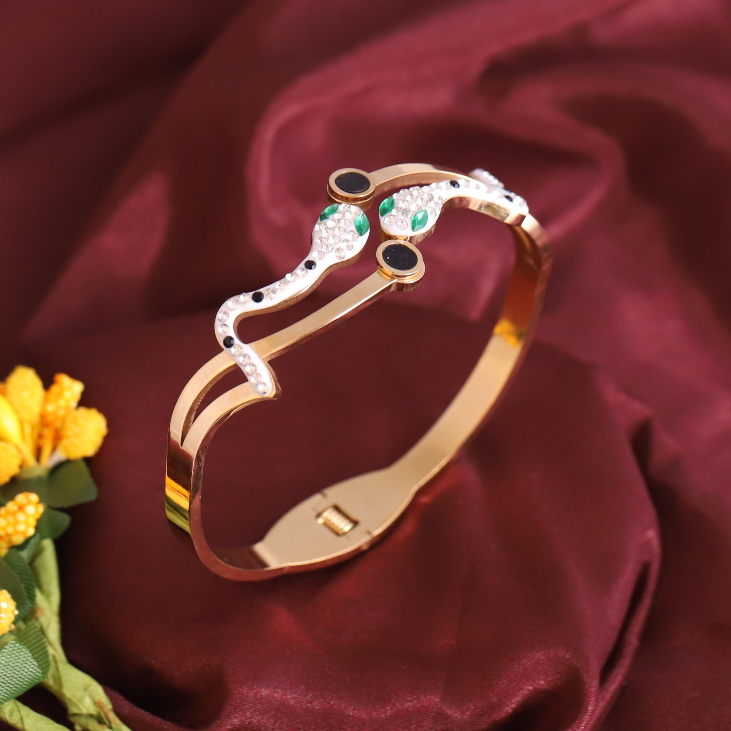 Snake with Americal Diamonds Gold-Plated Stainless Steel Bracelet – Openable, Unisex & Skin-Friendly (GOLD)