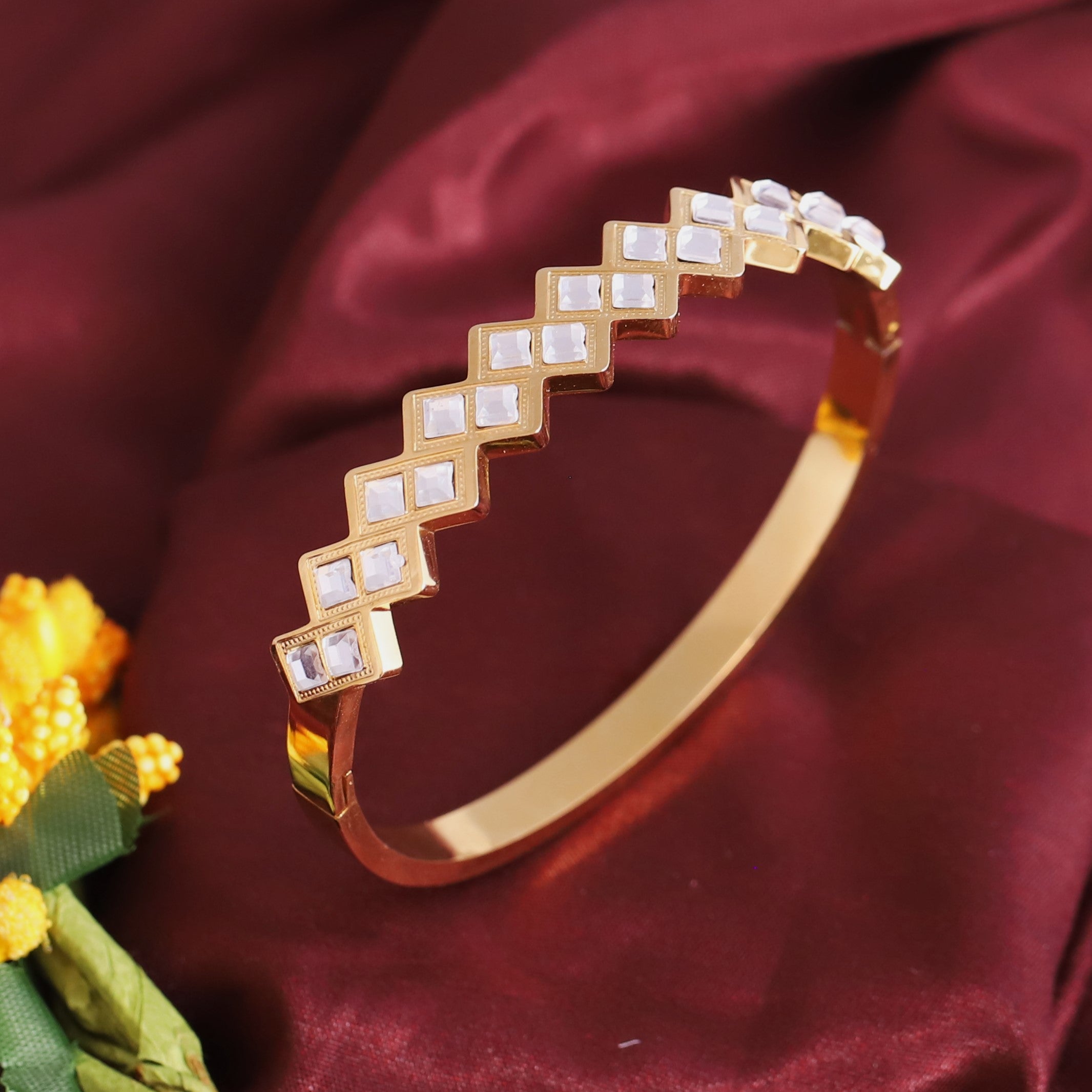 Gold-Plated with White Stones Stainless Steel Lock Bracelet – Anti-Tarnish Jewelry for Women & Girls (GOLD)