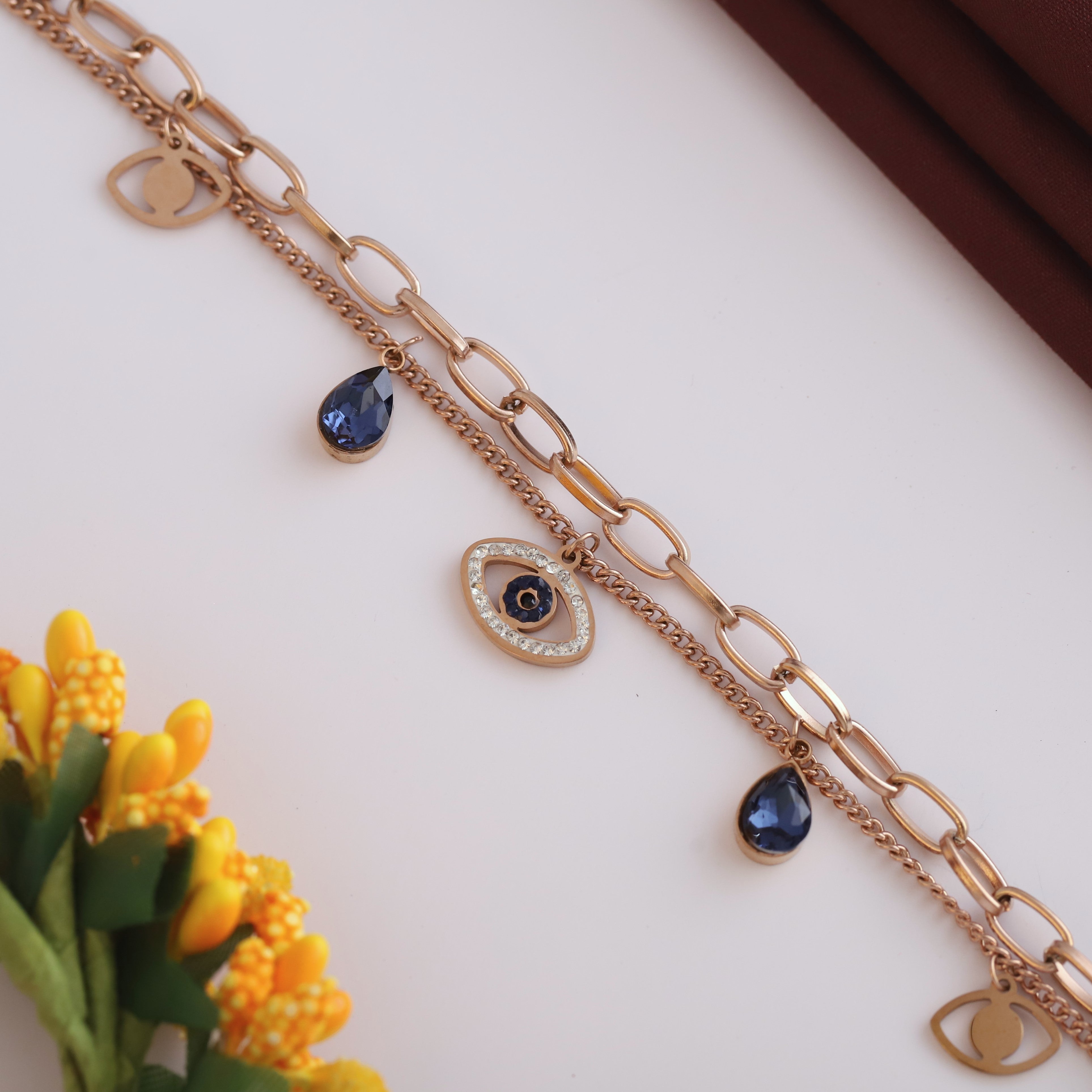 Evil Eye Chain Bracelet Gold Plated – Double Layer, Anti-Tarnish, Waterproof, Minimalist Style (ROSE GOLD)