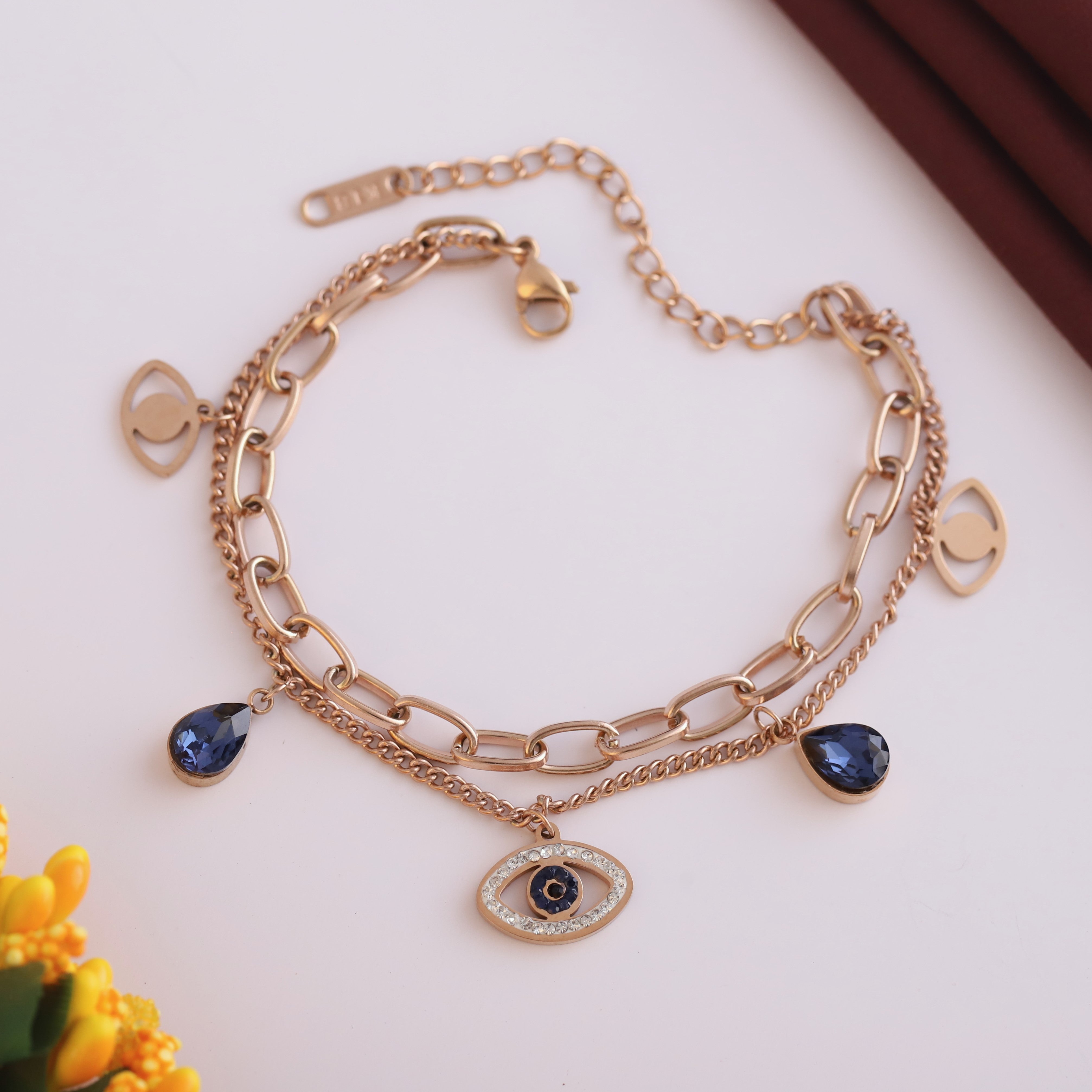 Evil Eye Chain Bracelet Gold Plated – Double Layer, Anti-Tarnish, Waterproof, Minimalist Style (ROSE GOLD)