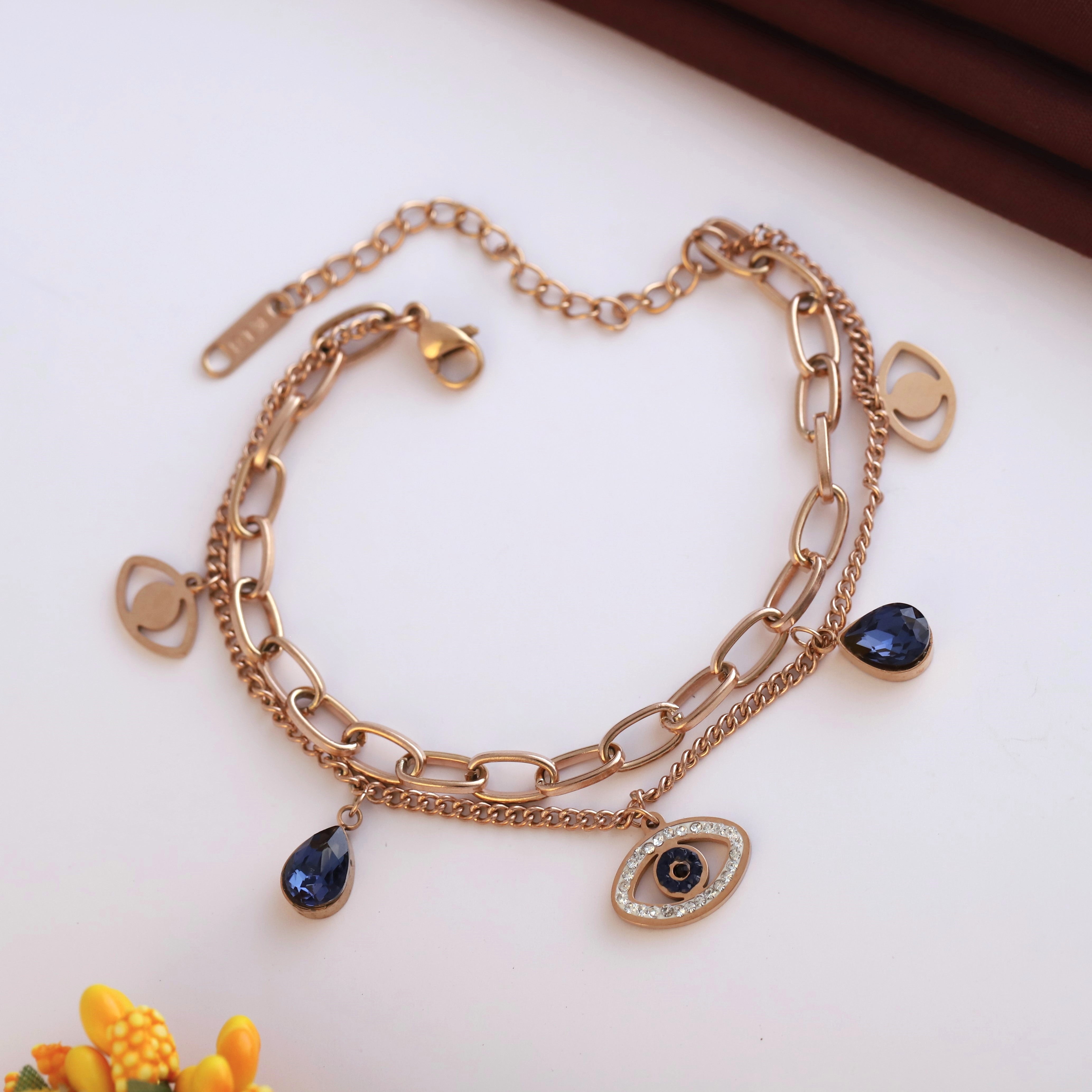 Evil Eye Chain Bracelet Gold Plated – Double Layer, Anti-Tarnish, Waterproof, Minimalist Style (ROSE GOLD)