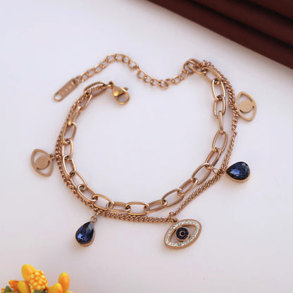 Evil Eye Chain Bracelet Gold Plated – Double Layer, Anti-Tarnish, Waterproof, Minimalist Style (ROSE GOLD)