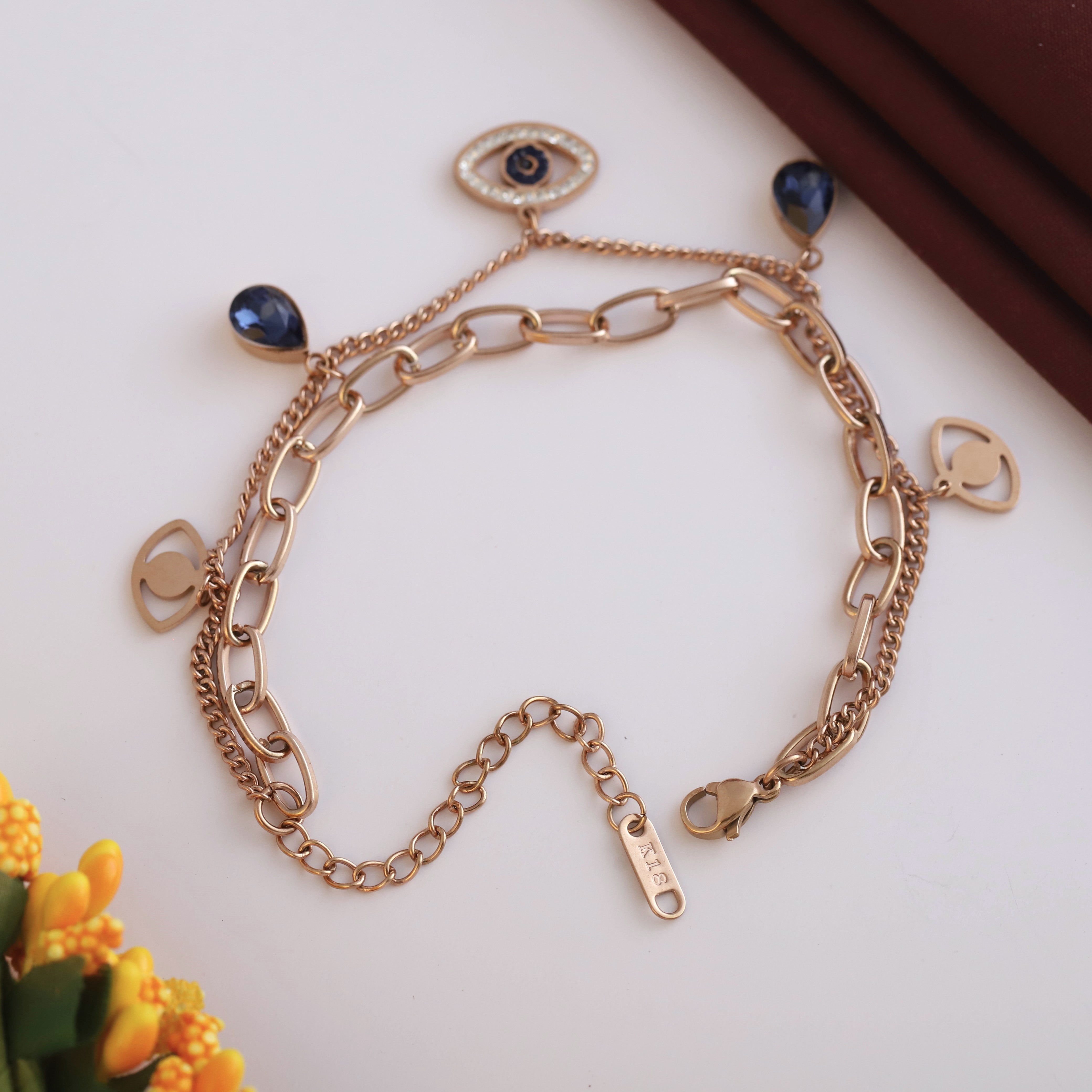 Evil Eye Chain Bracelet Gold Plated – Double Layer, Anti-Tarnish, Waterproof, Minimalist Style (ROSE GOLD)