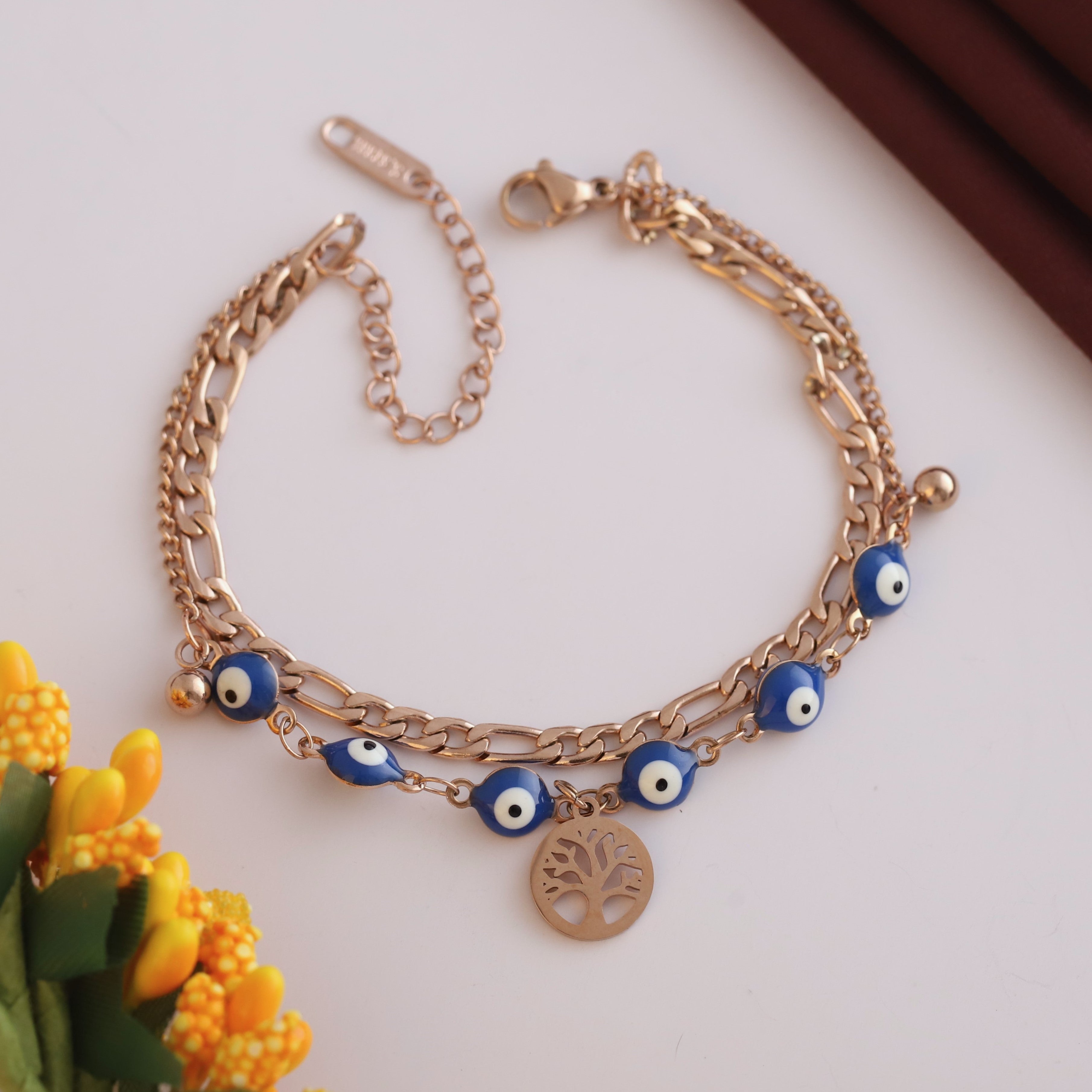 Life Tree & Evil Eye Chain Bracelet Gold Plated – Double Layer, Anti-Tarnish, Waterproof(ROSE GOLD)