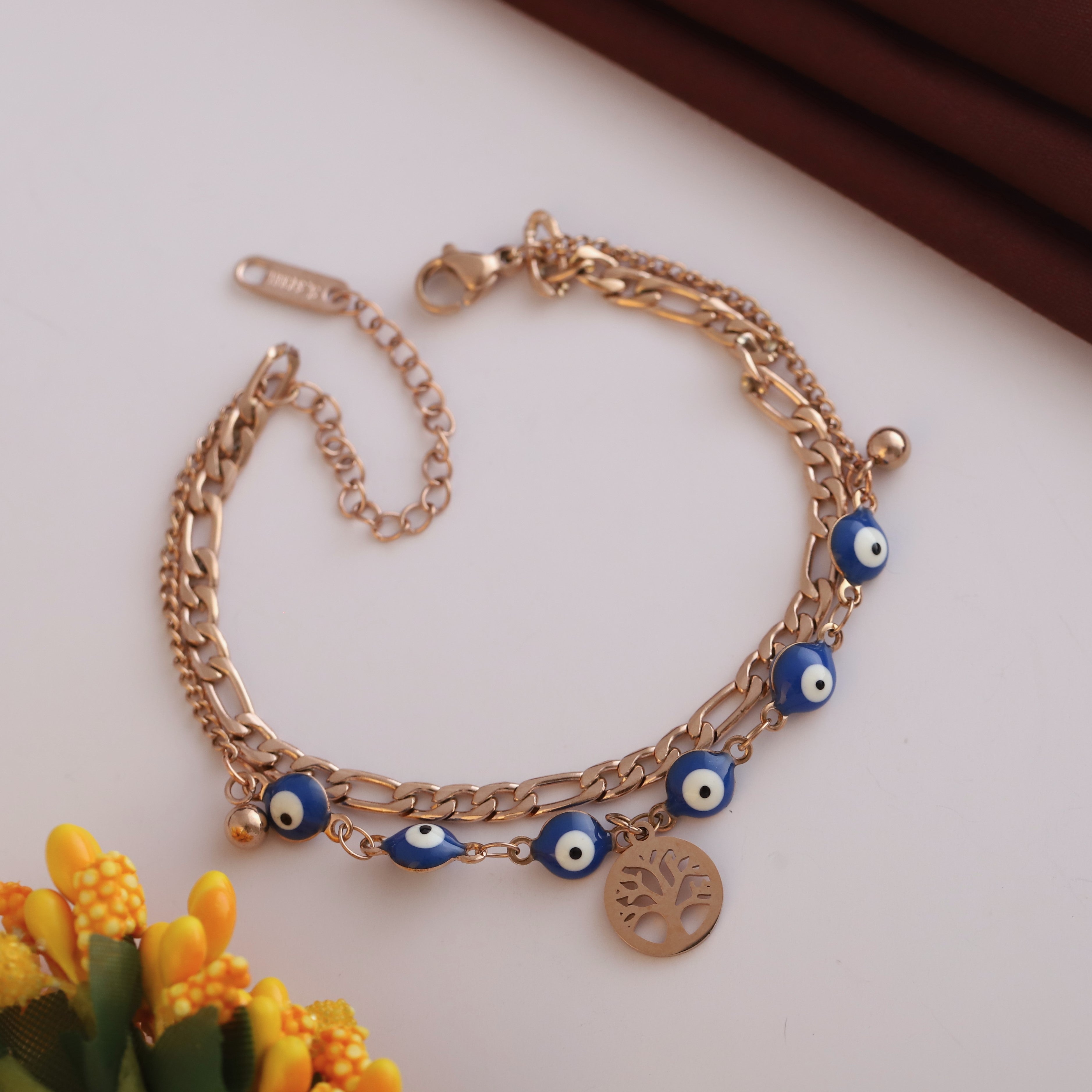 Life Tree & Evil Eye Chain Bracelet Gold Plated – Double Layer, Anti-Tarnish, Waterproof(ROSE GOLD)