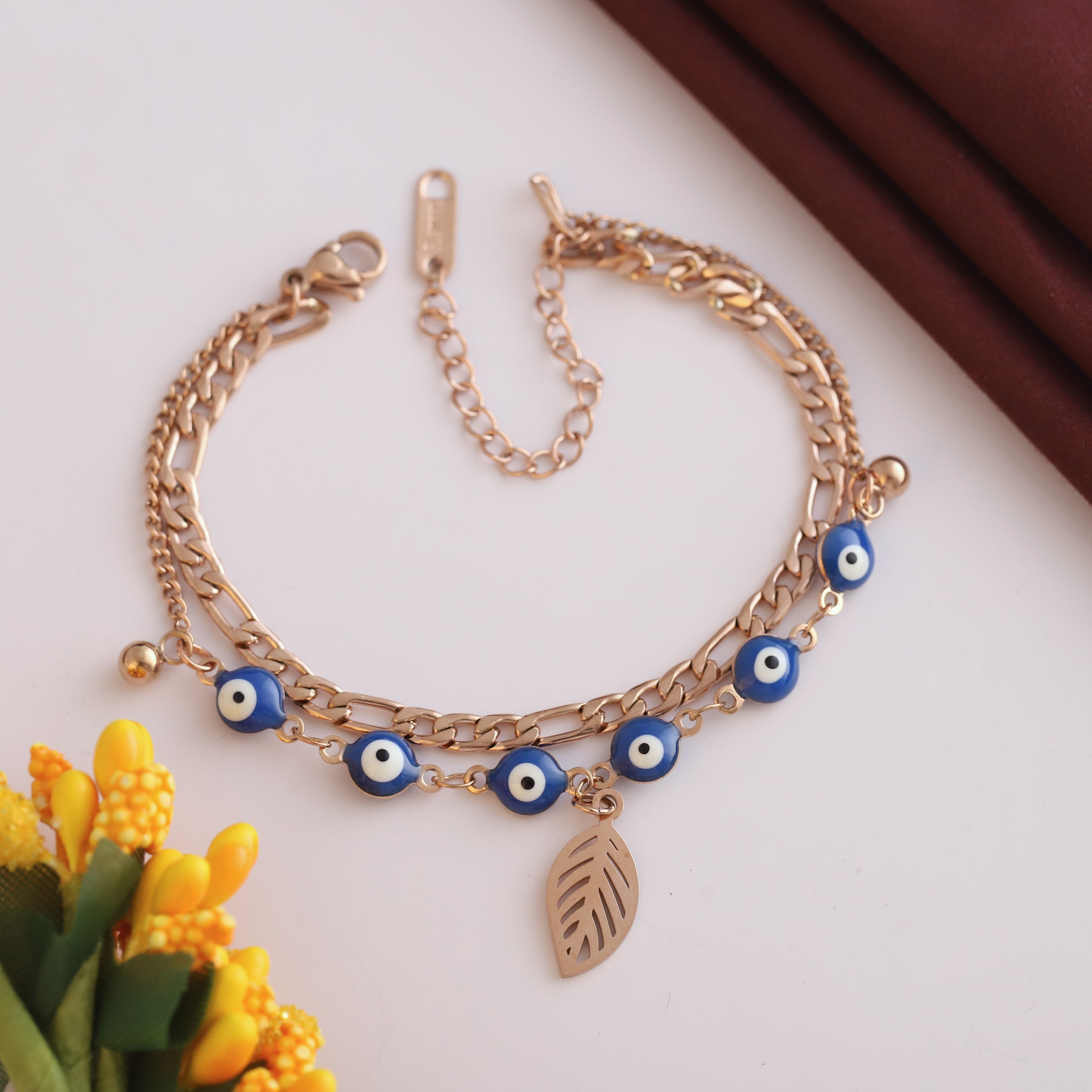 Leaf & Evil Eye Chain Bracelet Gold Plated – Double Layer, Anti-Tarnish, Waterproof(ROSE GOLD)