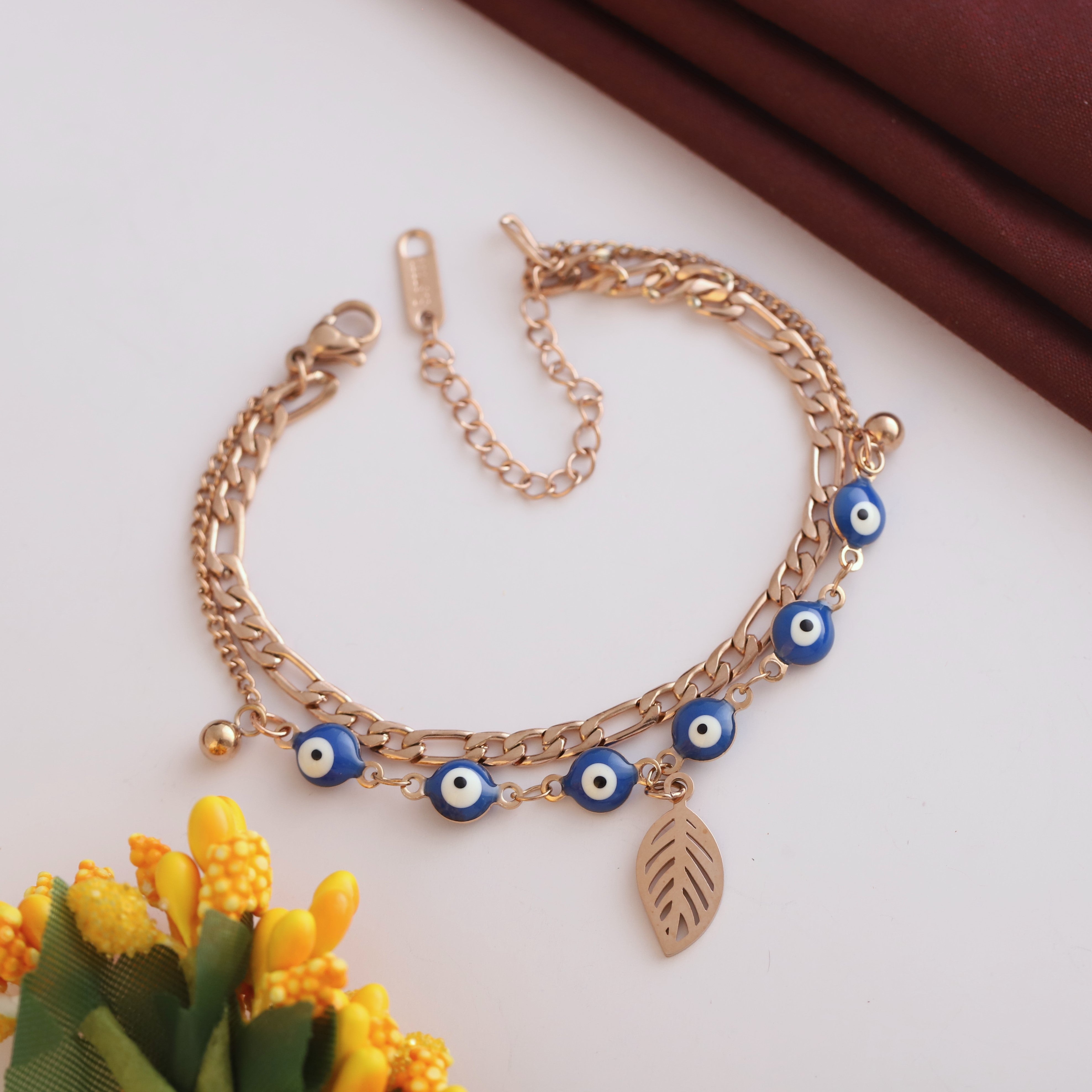 Leaf & Evil Eye Chain Bracelet Gold Plated – Double Layer, Anti-Tarnish, Waterproof(ROSE GOLD)