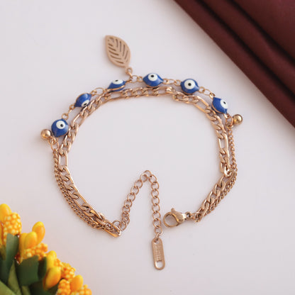 Leaf & Evil Eye Chain Bracelet Gold Plated – Double Layer, Anti-Tarnish, Waterproof(ROSE GOLD)