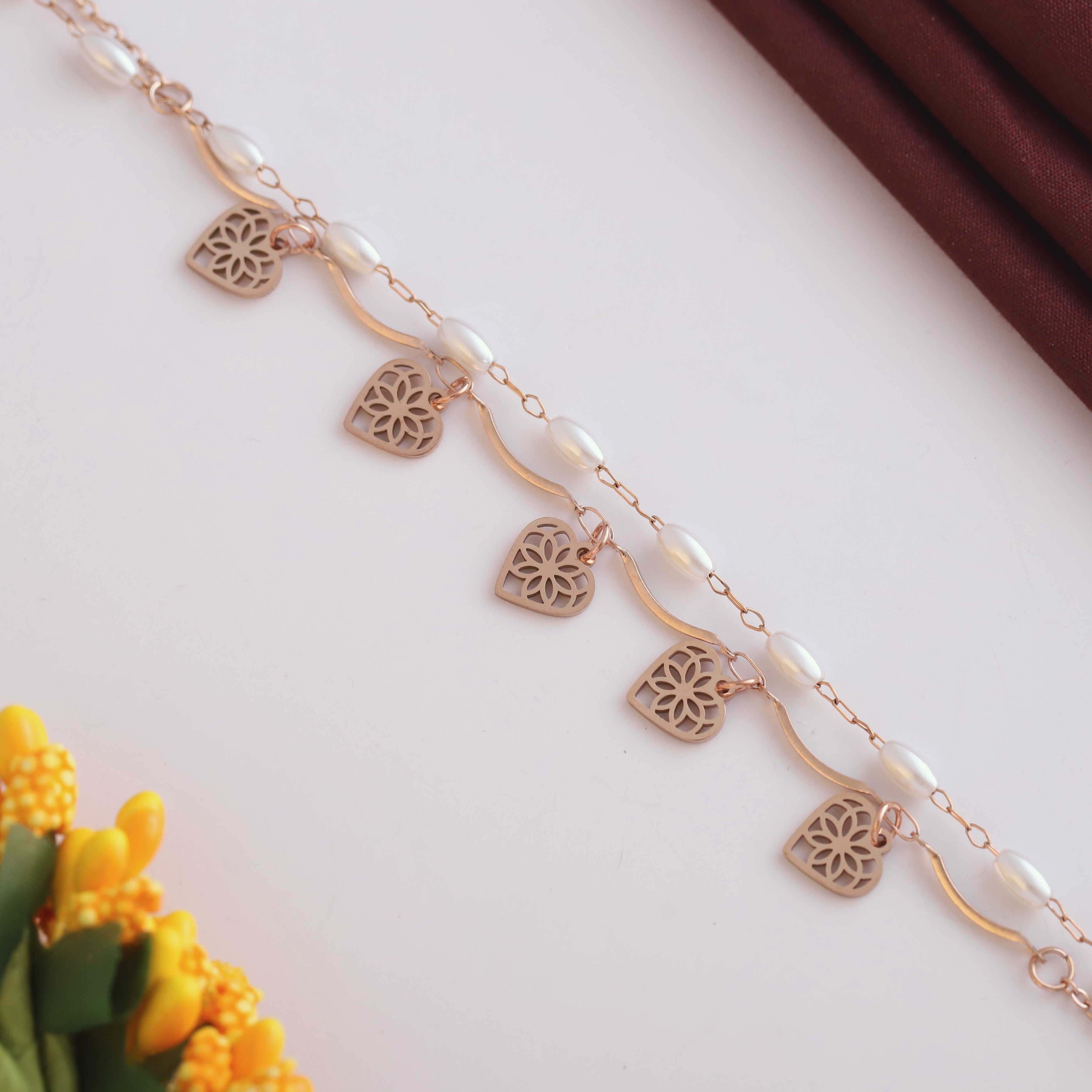 Heart Charm & Pearl Chain Bracelet Gold Plated – Double Layer, Anti-Tarnish, Waterproof, Minimalist Style (ROSE GOLD)