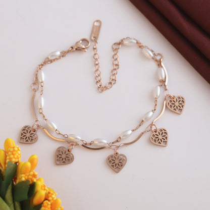 Heart Charm & Pearl Chain Bracelet Gold Plated – Double Layer, Anti-Tarnish, Waterproof, Minimalist Style (ROSE GOLD)