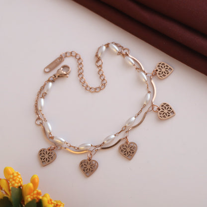 Heart Charm & Pearl Chain Bracelet Gold Plated – Double Layer, Anti-Tarnish, Waterproof, Minimalist Style (ROSE GOLD)